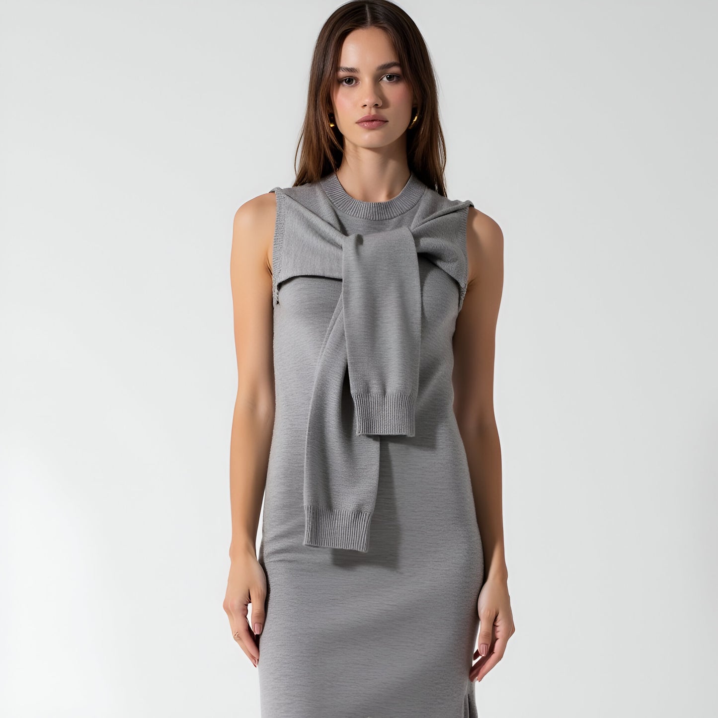 Sleeveless Knit Maxi Dress with Attached Scarf Tie and Side Slit