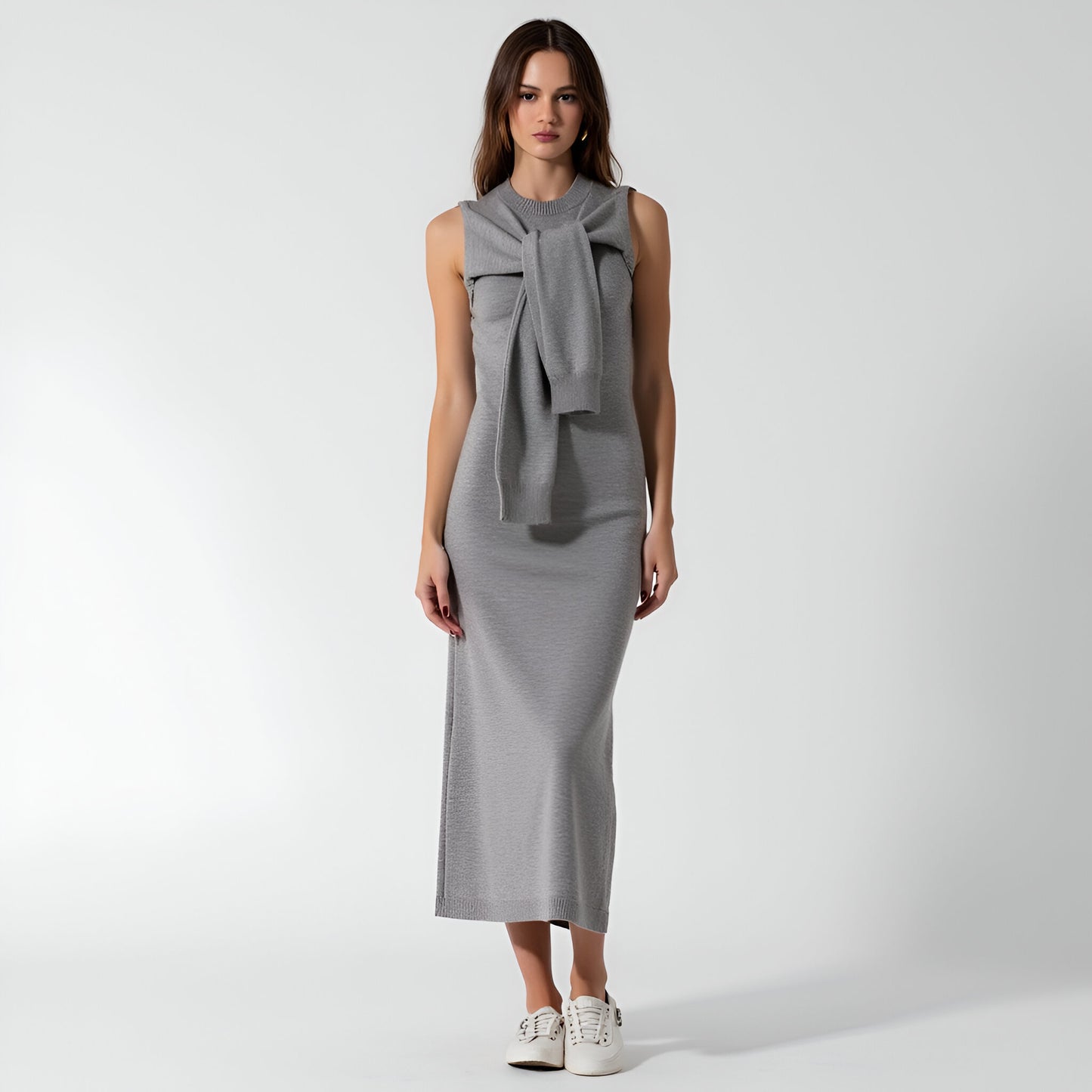 Sleeveless Knit Maxi Dress with Attached Scarf Tie and Side Slit