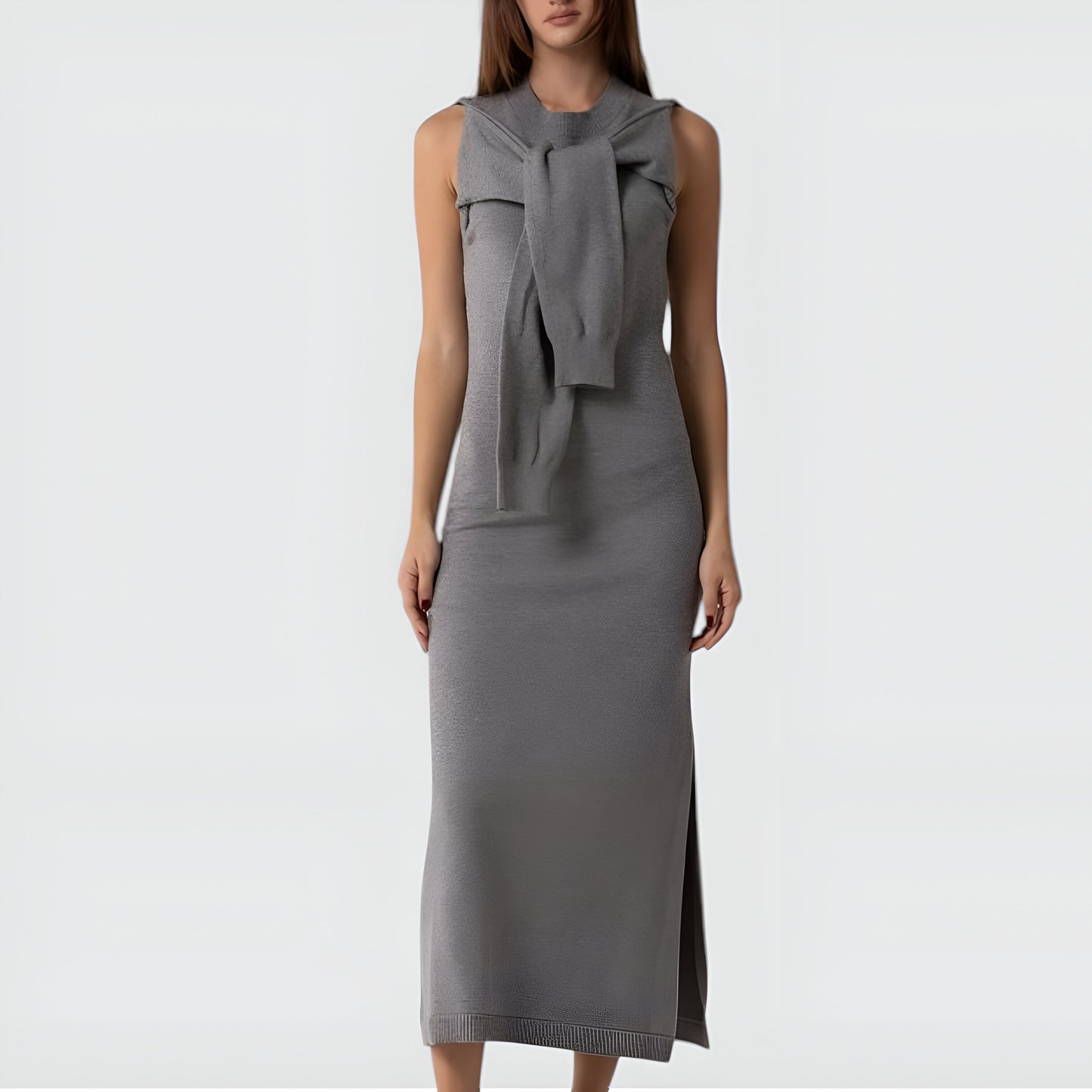 Sleeveless Knit Maxi Dress with Attached Scarf Tie and Side Slit