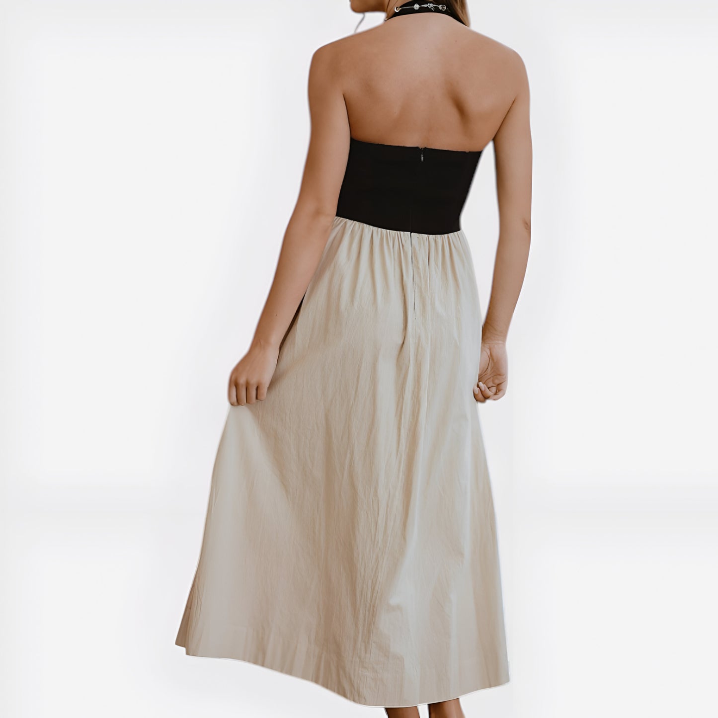 Two-Tone Halter Maxi Dress with Fitted Bodice and Gathered Skirt
