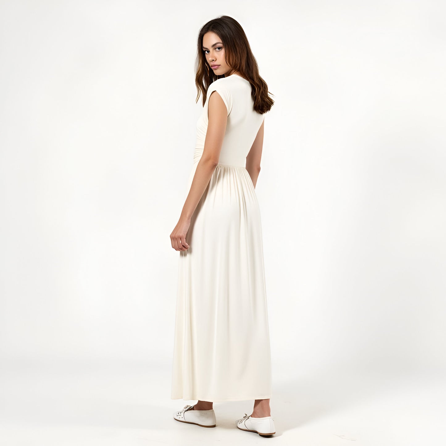 Sleeveless Faux Wrap Maxi Dress with Shirred Waist and Flowy Skirt