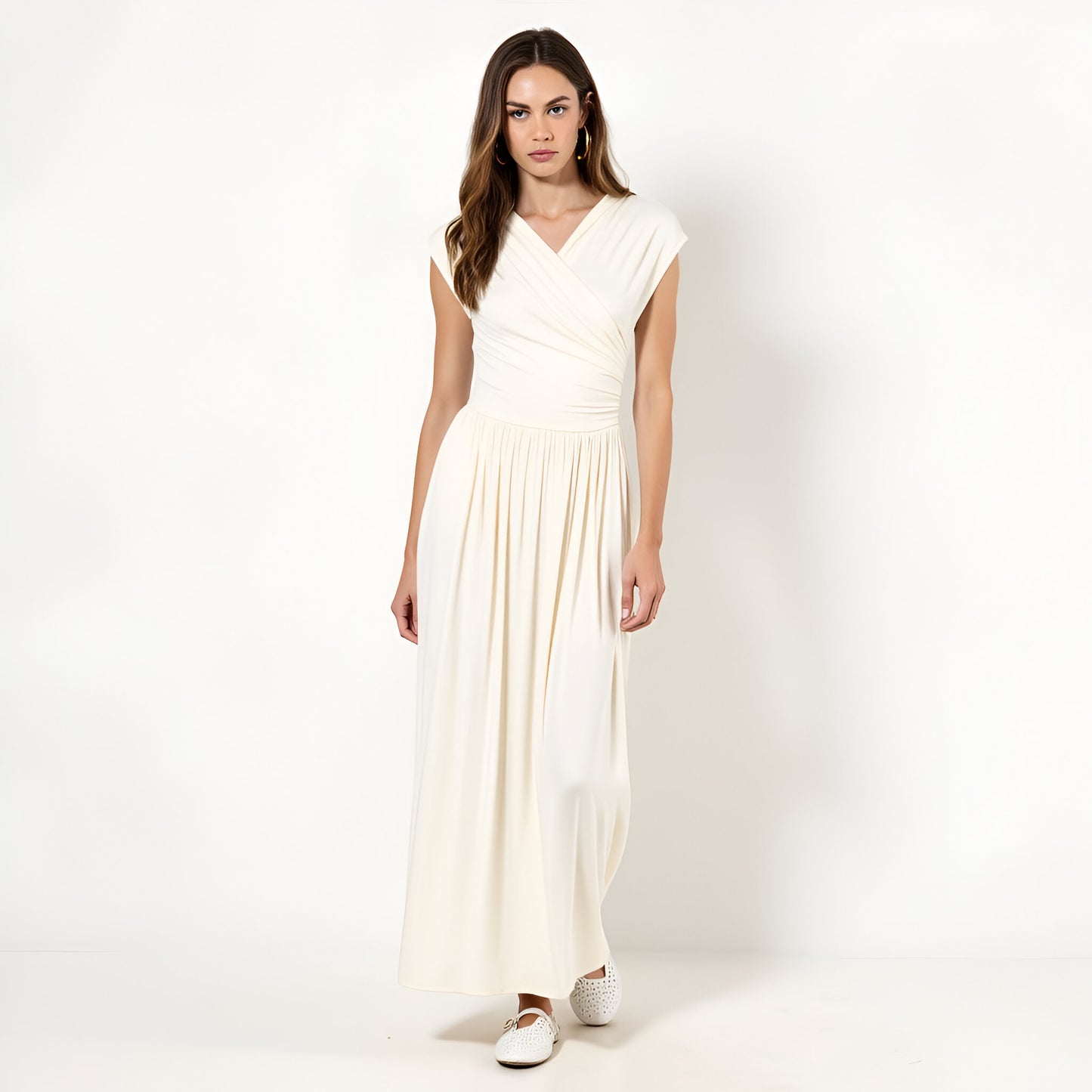 Sleeveless Faux Wrap Maxi Dress with Shirred Waist and Flowy Skirt