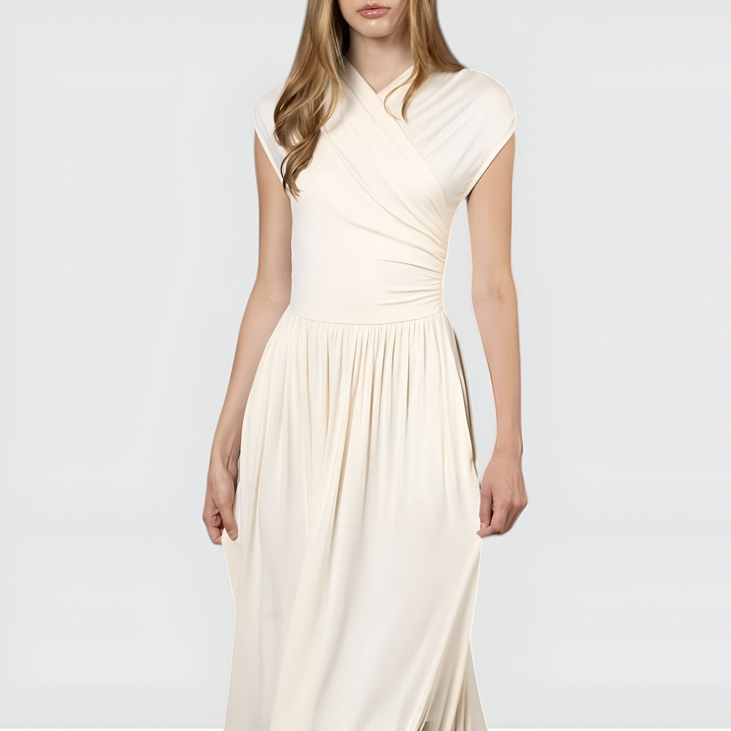 Sleeveless Faux Wrap Maxi Dress with Shirred Waist and Flowy Skirt
