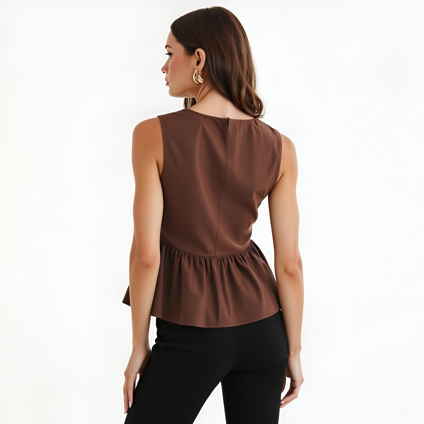 Sleeveless Peplum Top with Asymmetric Pearl Button Front