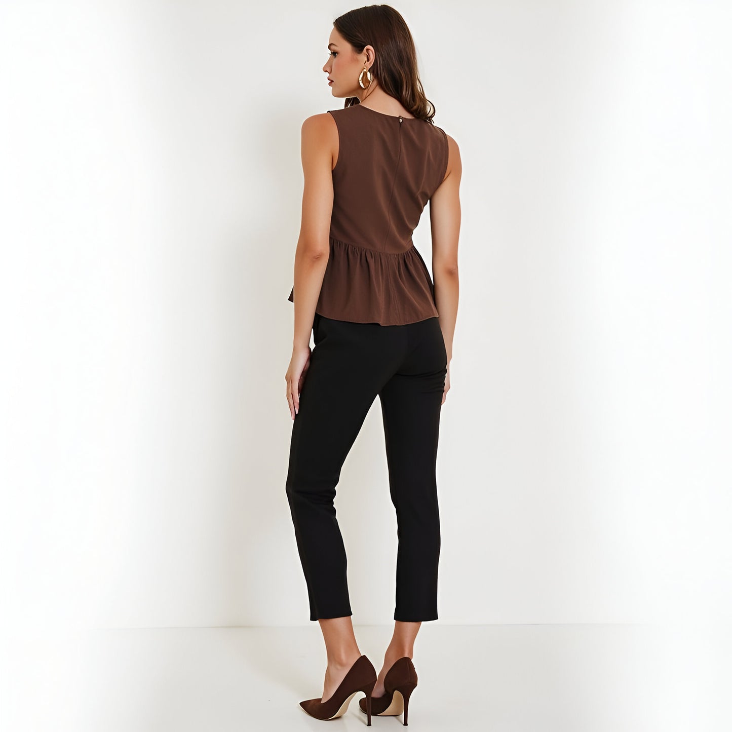 Sleeveless Peplum Top with Asymmetric Pearl Button Front