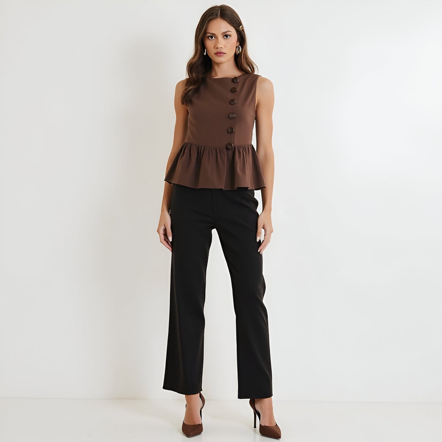 Sleeveless Peplum Top with Asymmetric Pearl Button Front