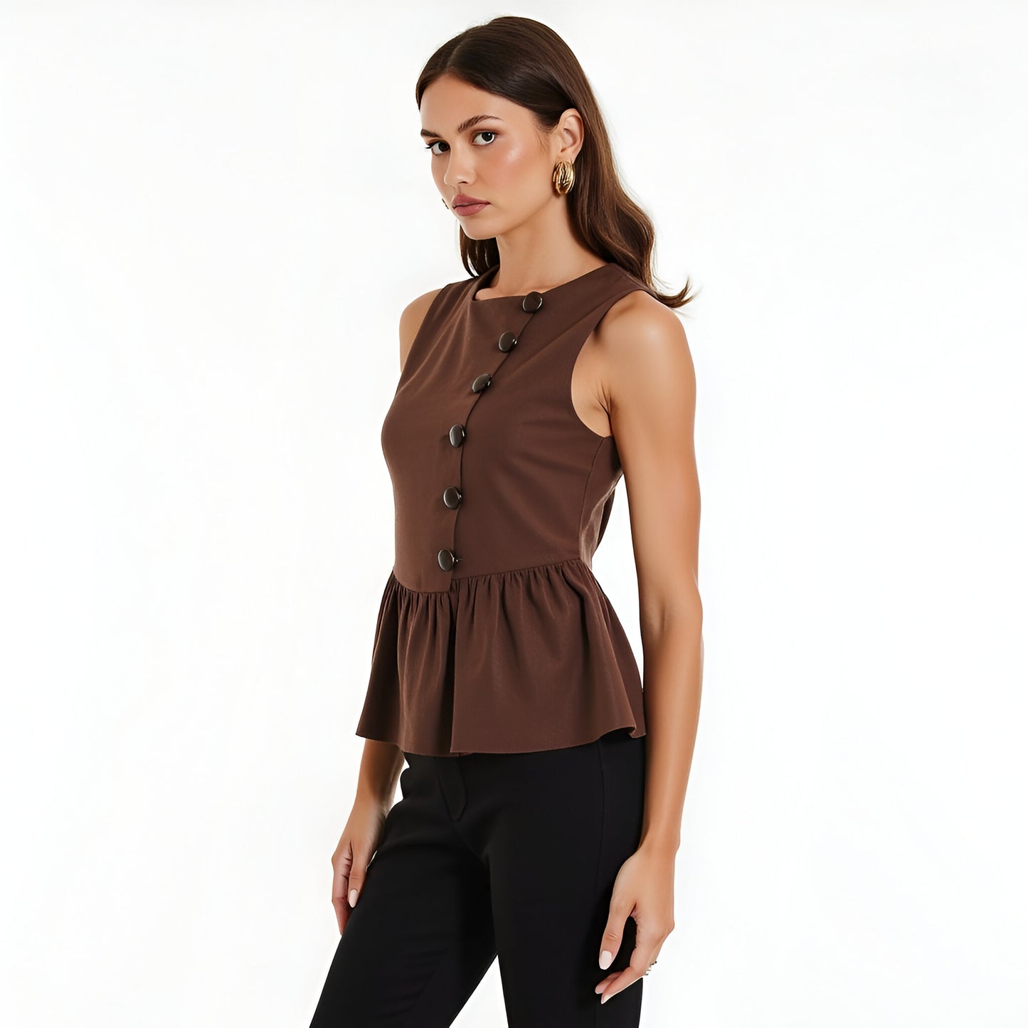 Sleeveless Peplum Top with Asymmetric Pearl Button Front