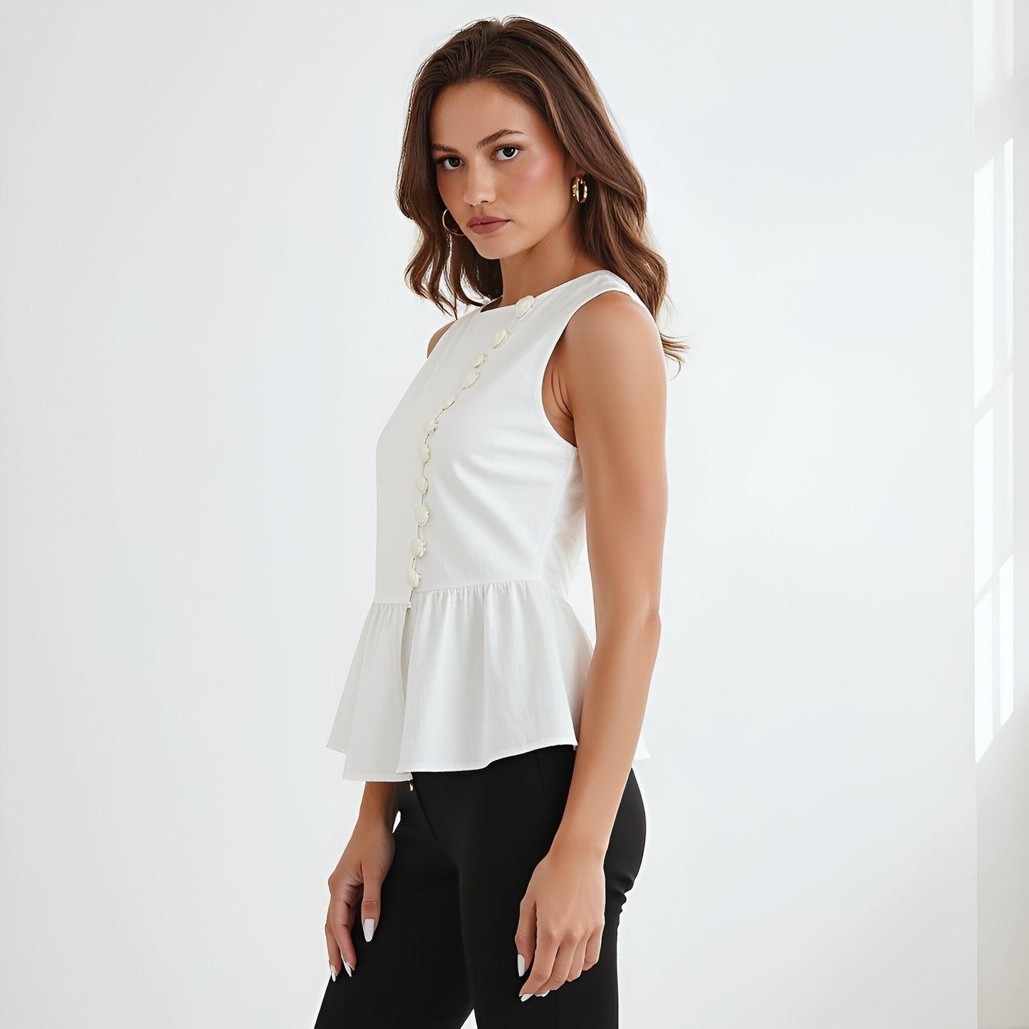Sleeveless Peplum Top with Asymmetric Pearl Button Front
