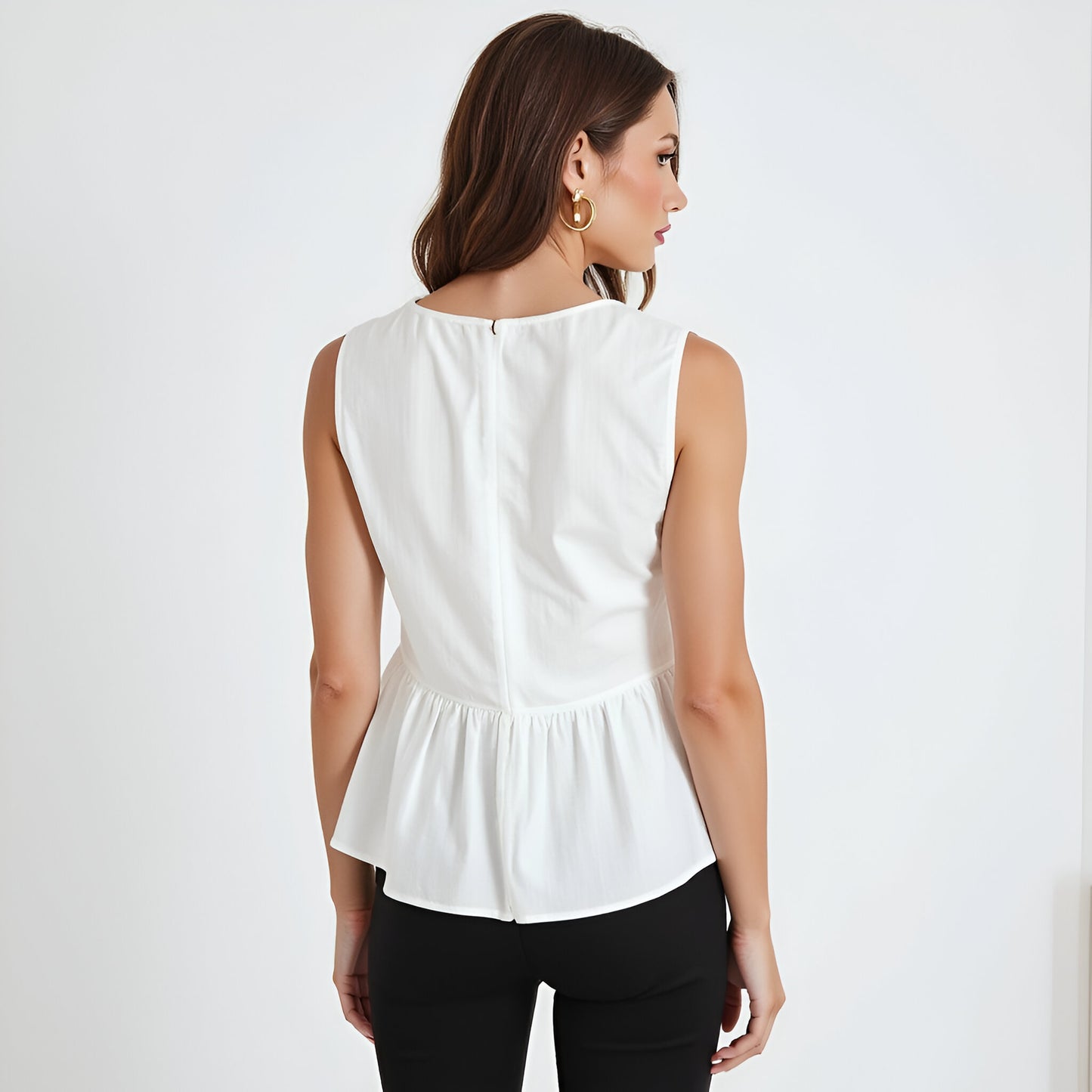 Sleeveless Peplum Top with Asymmetric Pearl Button Front