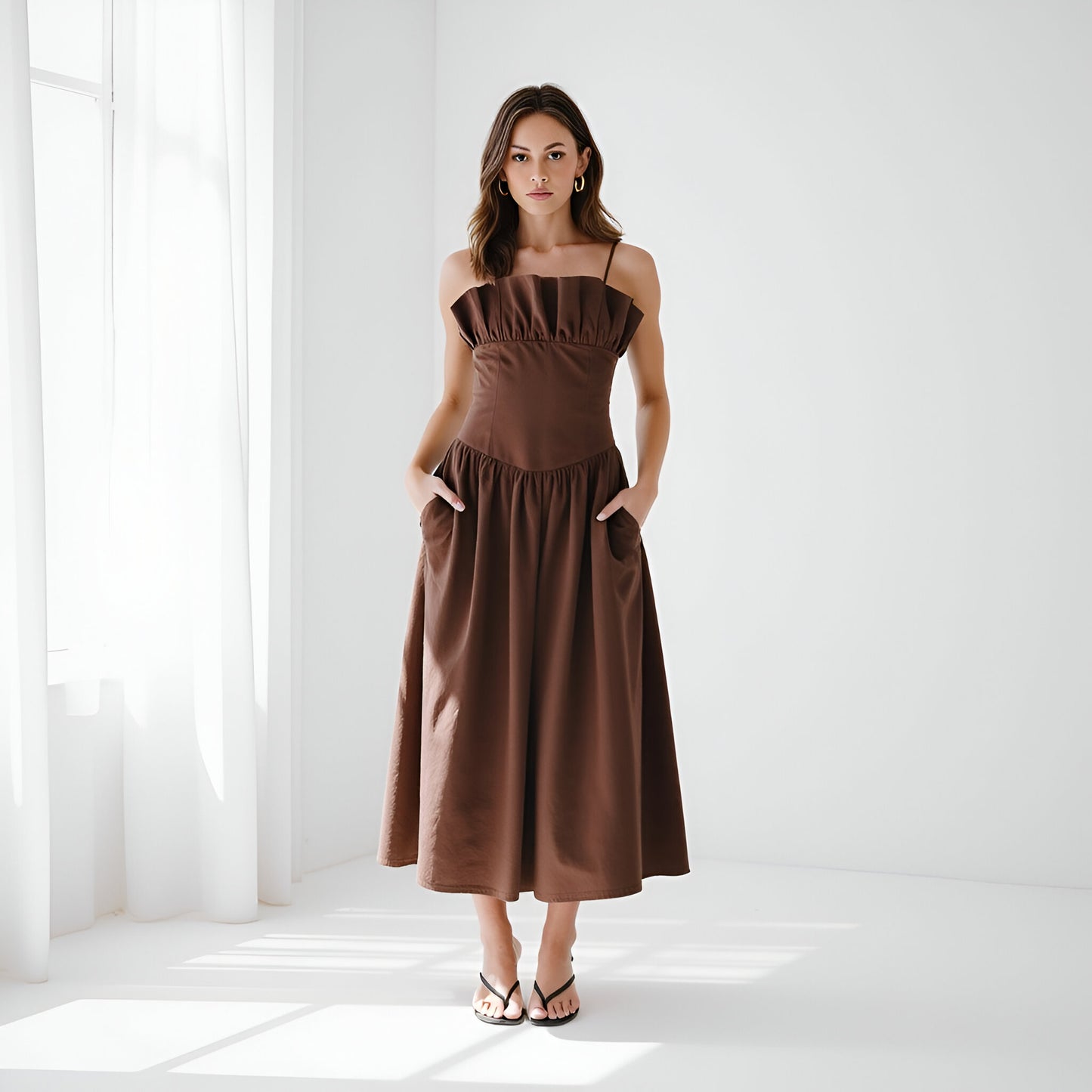 Ruffle Trim Midi Dress with Fitted Bodice, Pockets and Spaghetti Straps