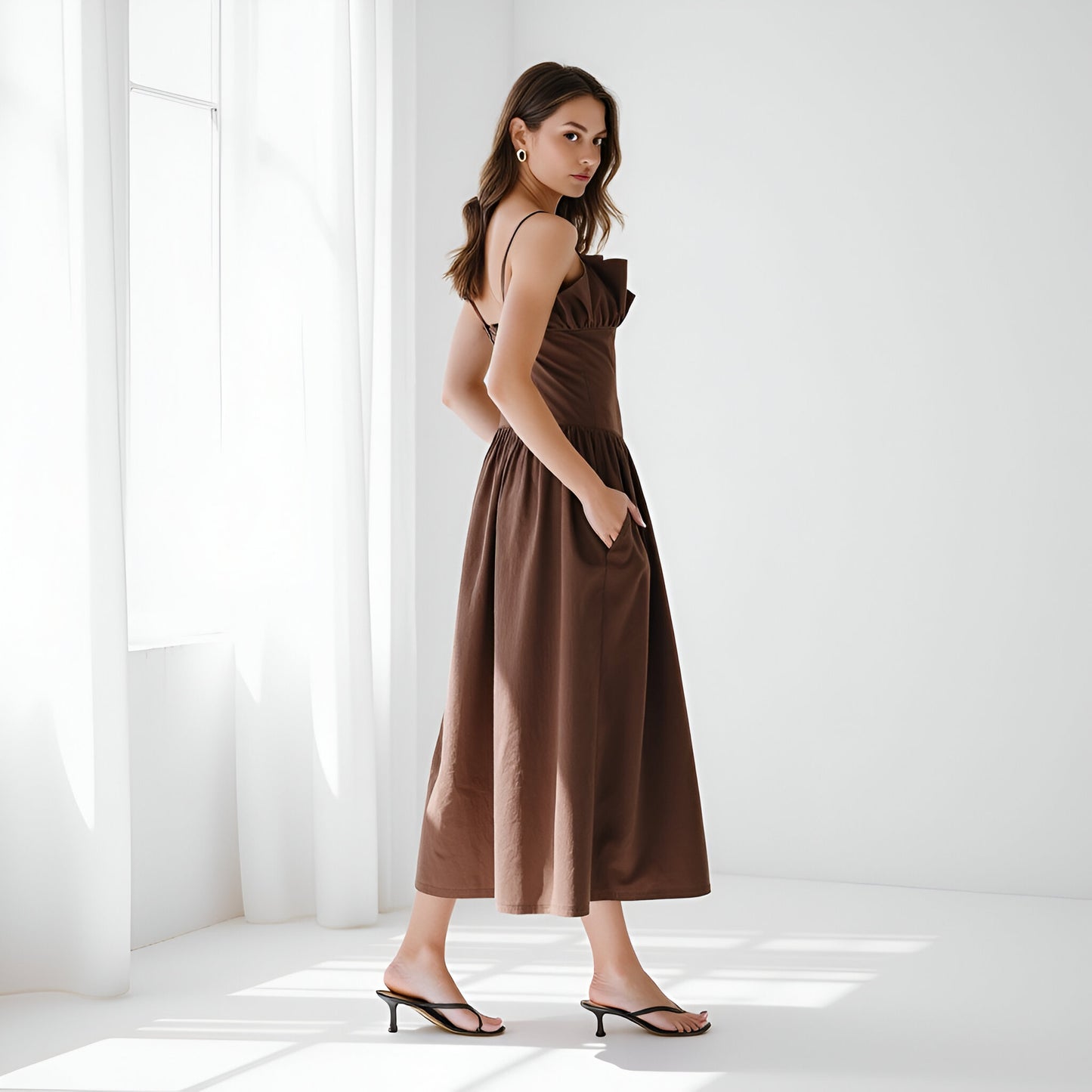 Ruffle Trim Midi Dress with Fitted Bodice, Pockets and Spaghetti Straps