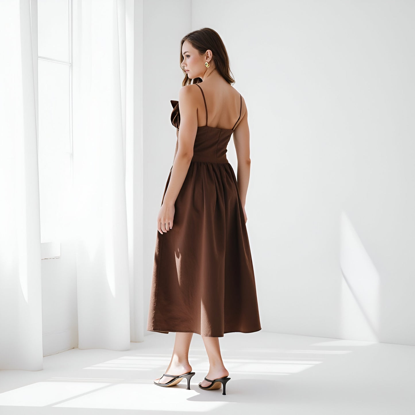 Ruffle Trim Midi Dress with Fitted Bodice, Pockets and Spaghetti Straps