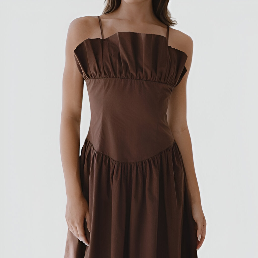 Ruffle Trim Midi Dress with Fitted Bodice, Pockets and Spaghetti Straps
