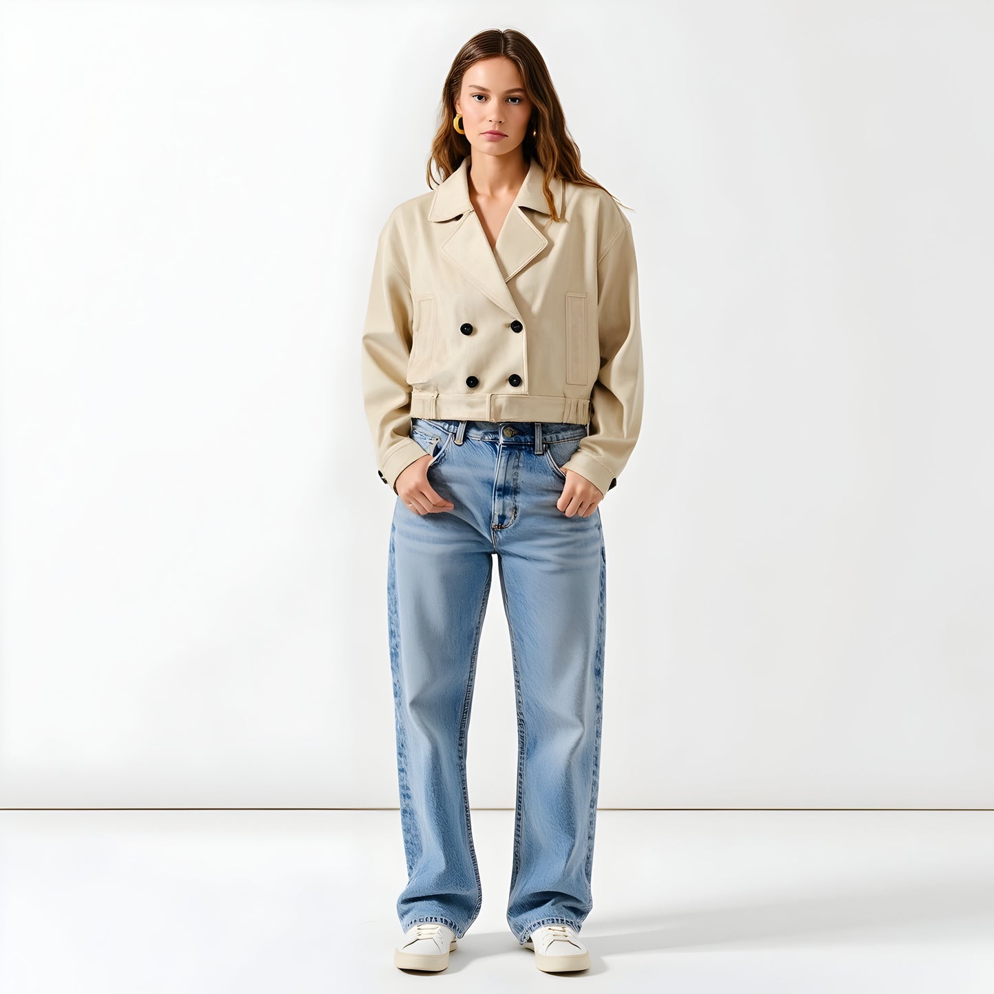 Cropped Trench Jacket with Double-Breasted Front and Belted Hem
