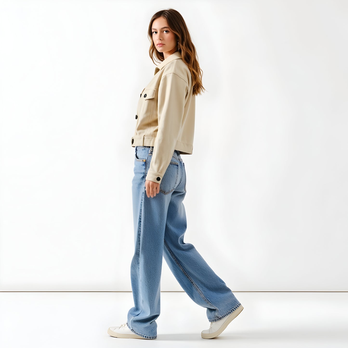 Cropped Trench Jacket with Double-Breasted Front and Belted Hem