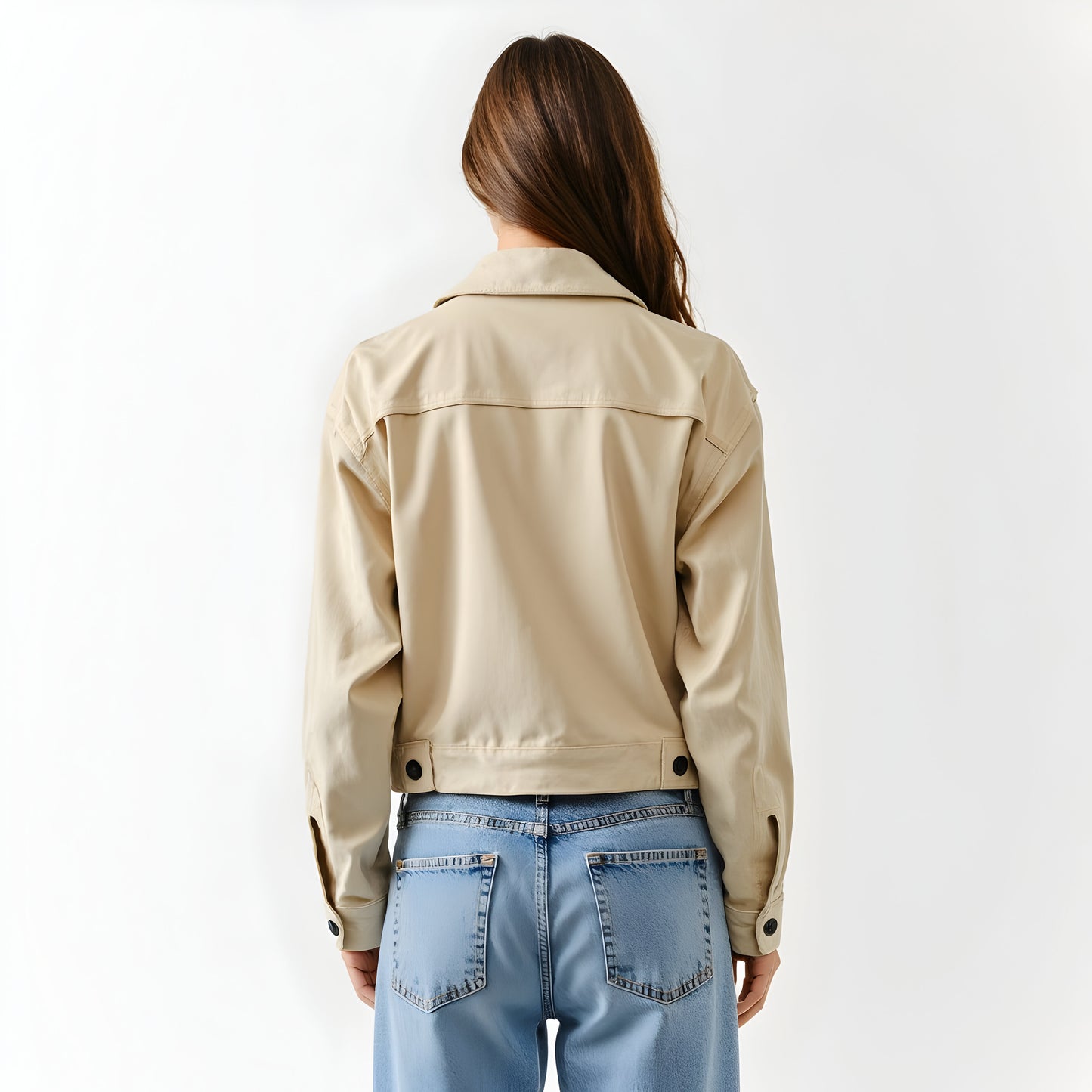 Cropped Trench Jacket with Double-Breasted Front and Belted Hem