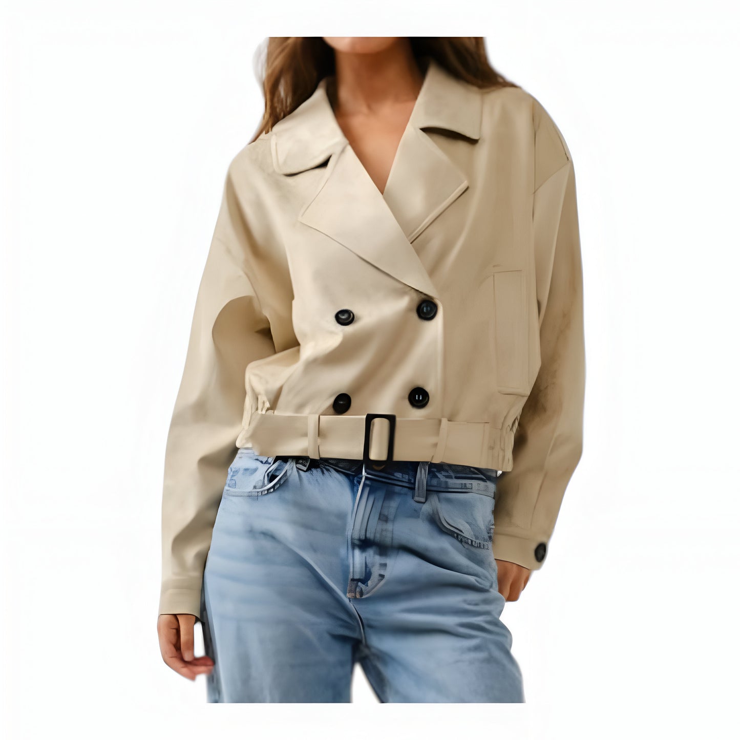 Cropped Trench Jacket with Double-Breasted Front and Belted Hem