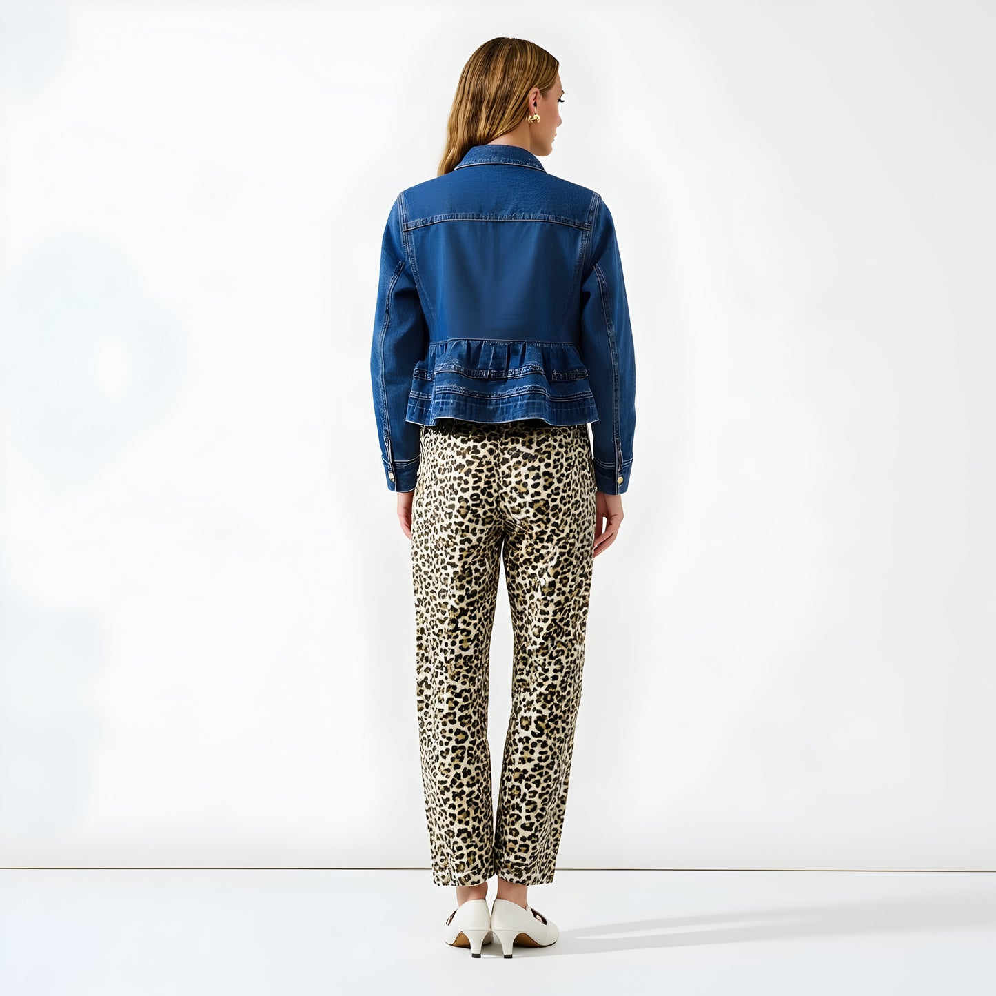 Cropped Denim Jacket with Front Pleats, Patch Pockets and Silver Buttons