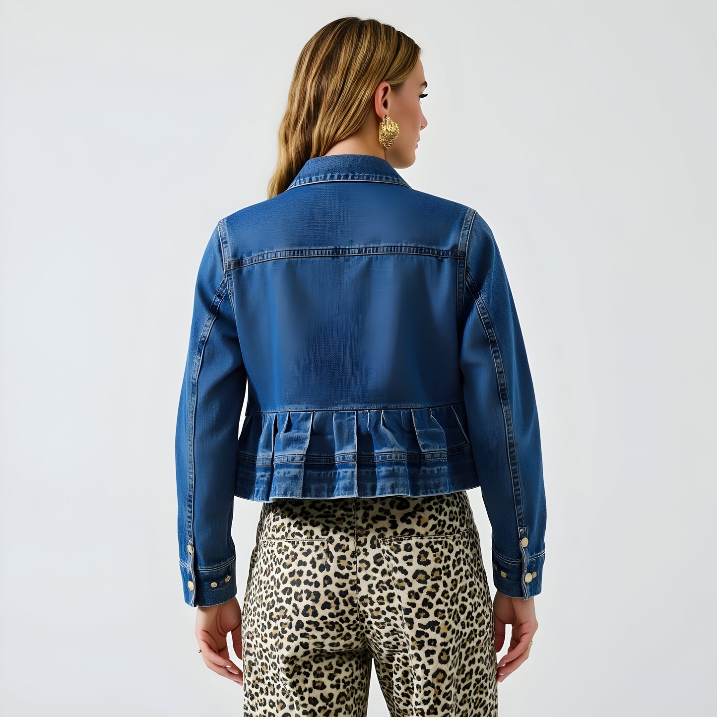 Cropped Denim Jacket with Front Pleats, Patch Pockets and Silver Buttons