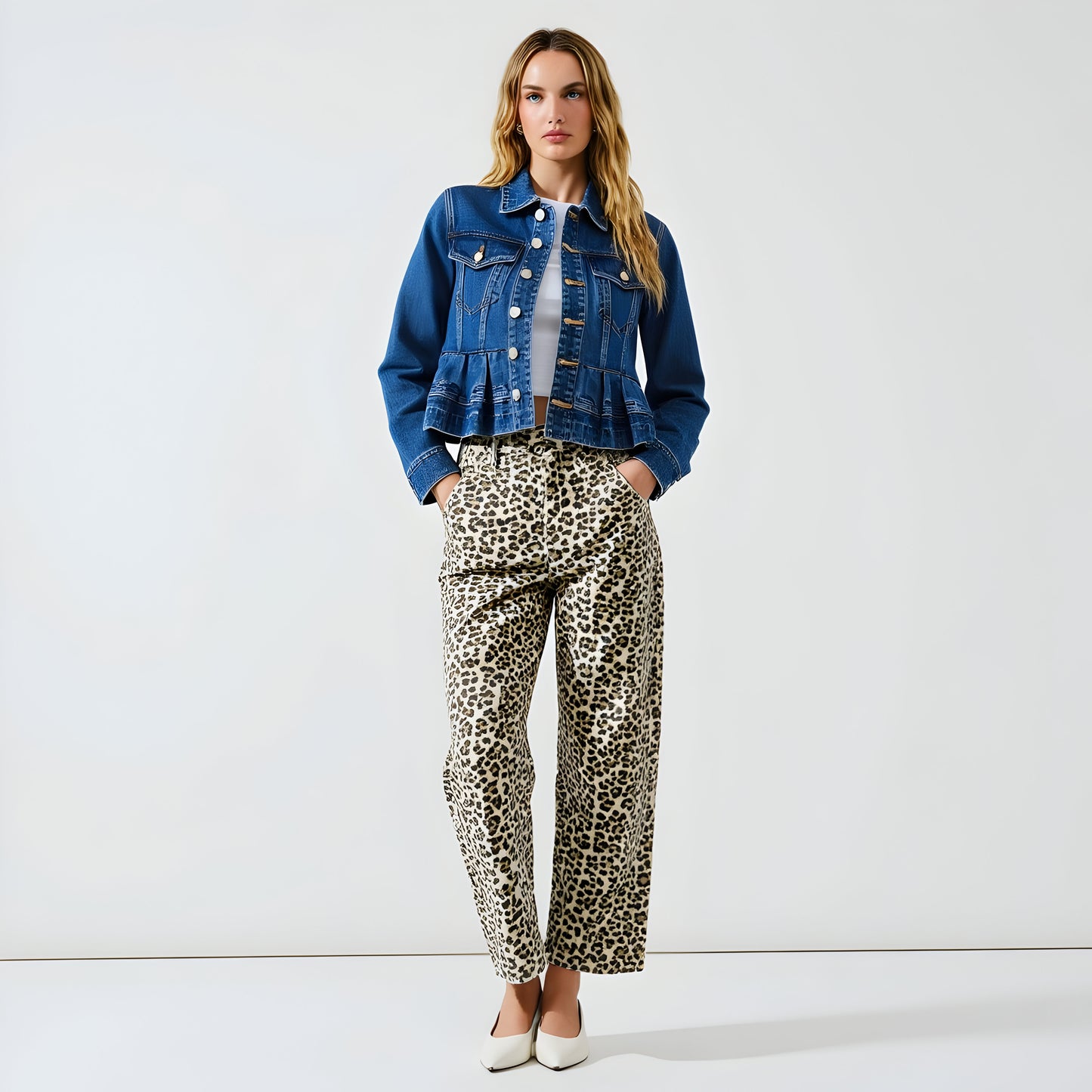 Cropped Denim Jacket with Front Pleats, Patch Pockets and Silver Buttons