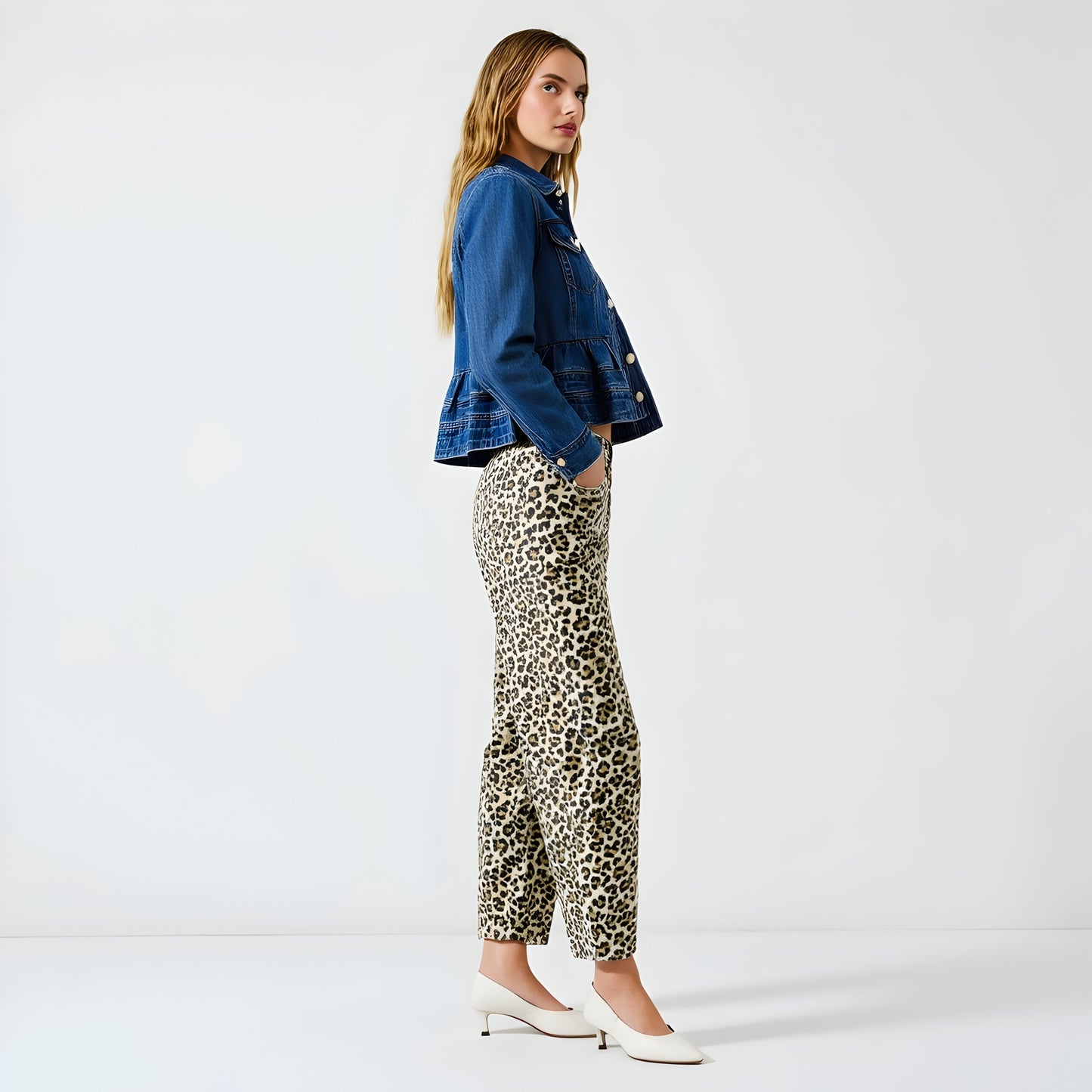 Cropped Denim Jacket with Front Pleats, Patch Pockets and Silver Buttons