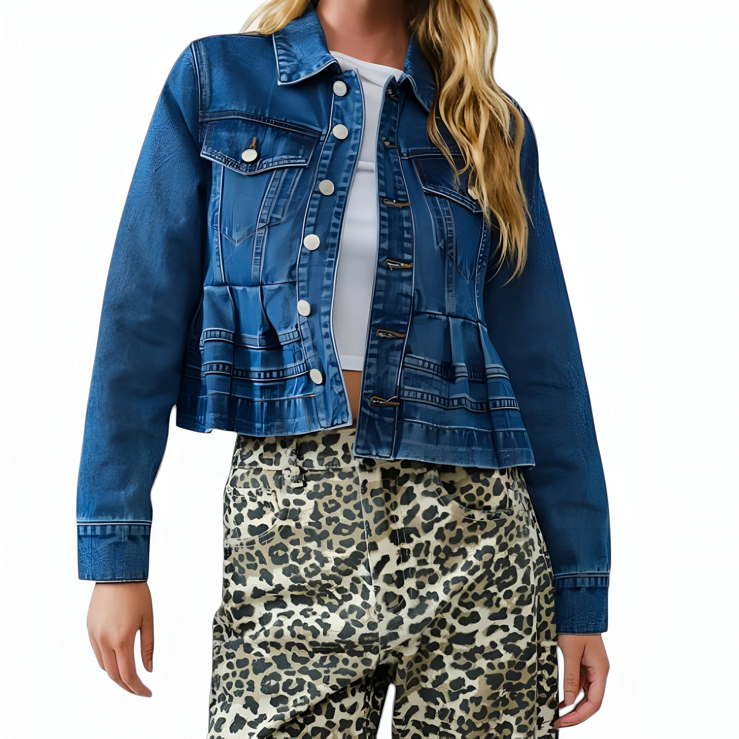 Cropped Denim Jacket with Front Pleats, Patch Pockets and Silver Buttons