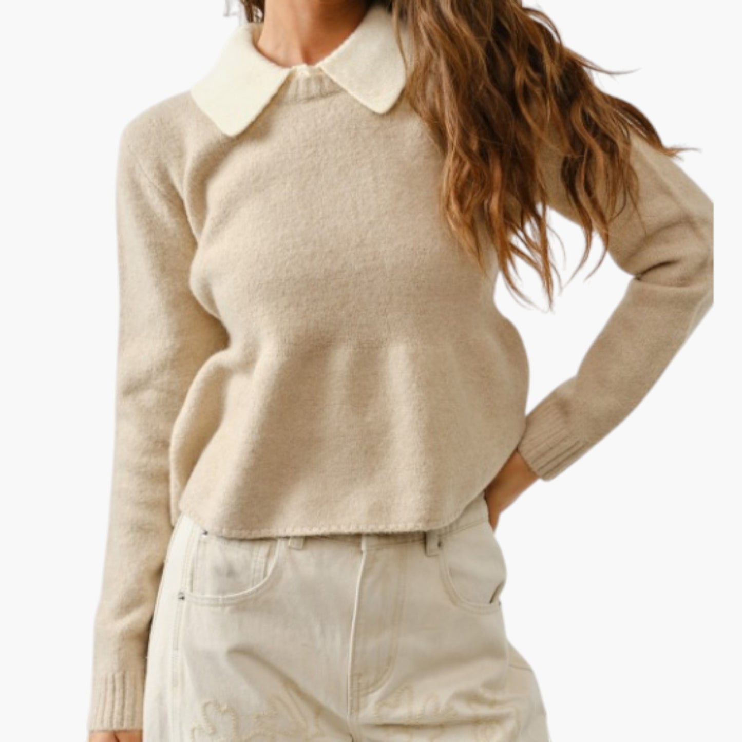 Cropped Knit Cardigan with Contrast Point Collar and Button Front Closure