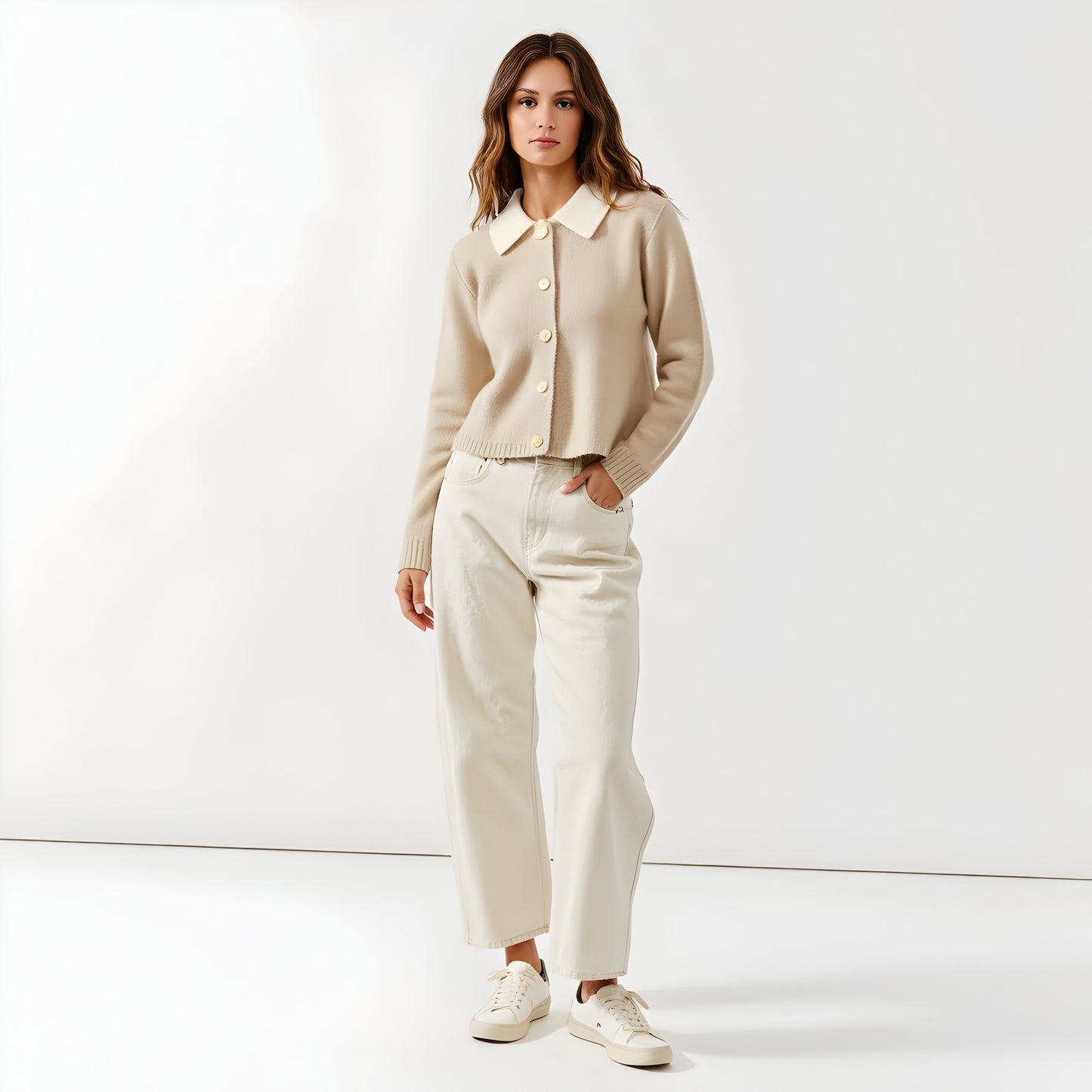 Cropped Knit Cardigan with Contrast Point Collar and Button Front Closure