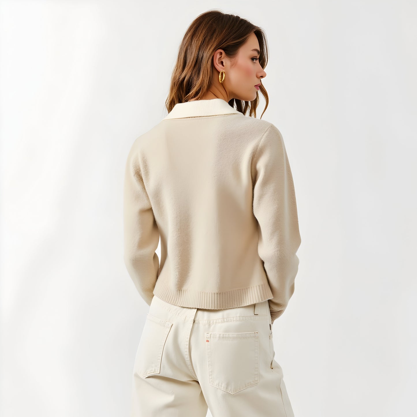 Cropped Knit Cardigan with Contrast Point Collar and Button Front Closure