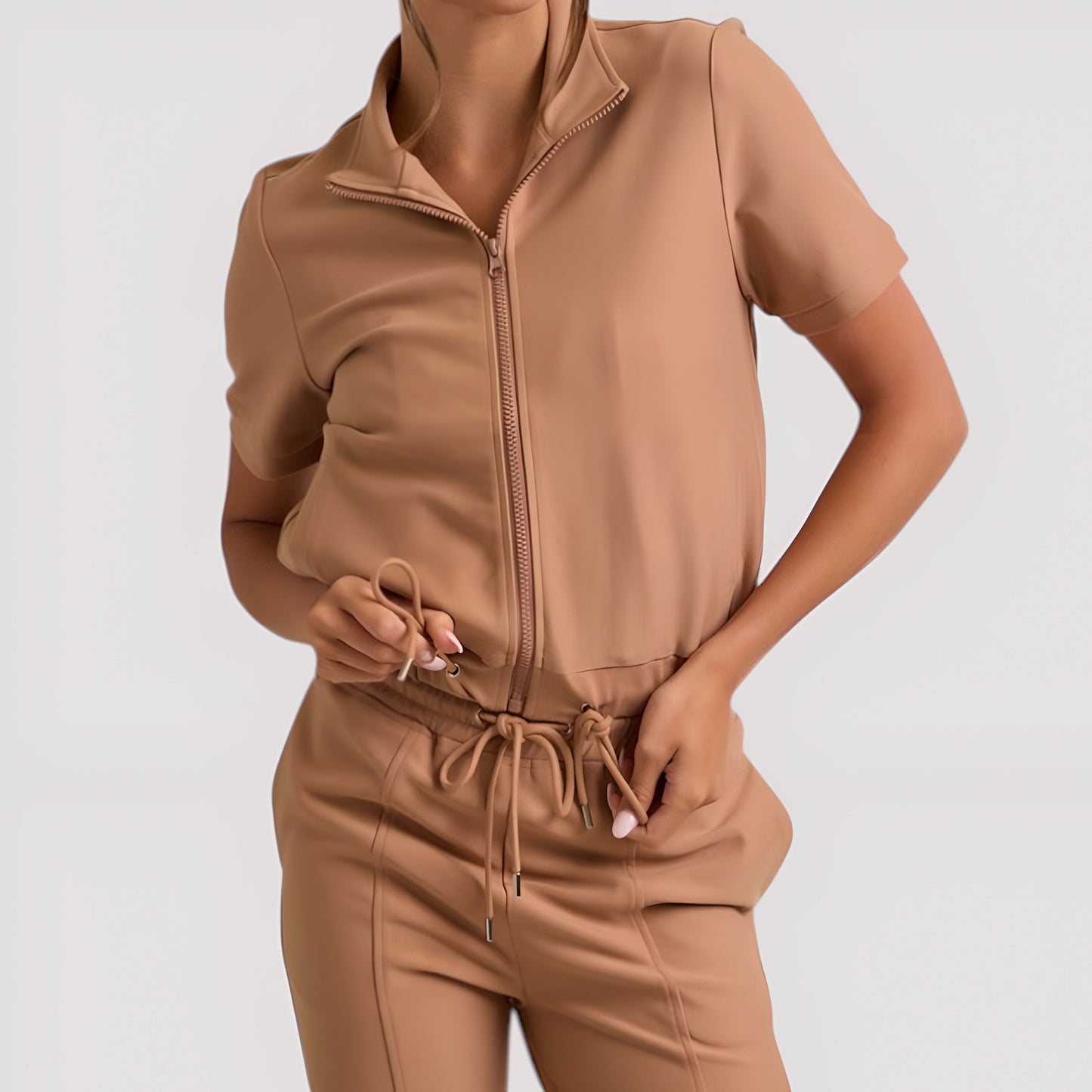 Short Sleeve Zip-Up Top and High Waist Flared Pants Set