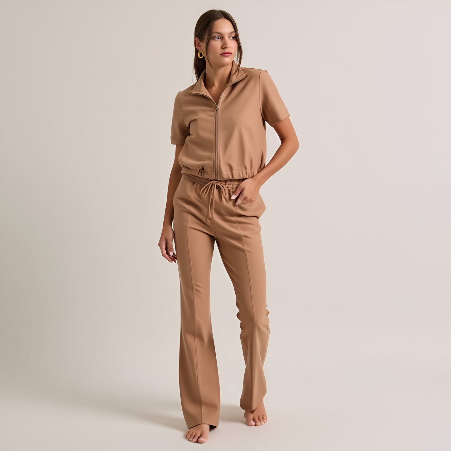 Short Sleeve Zip-Up Top and High Waist Flared Pants Set