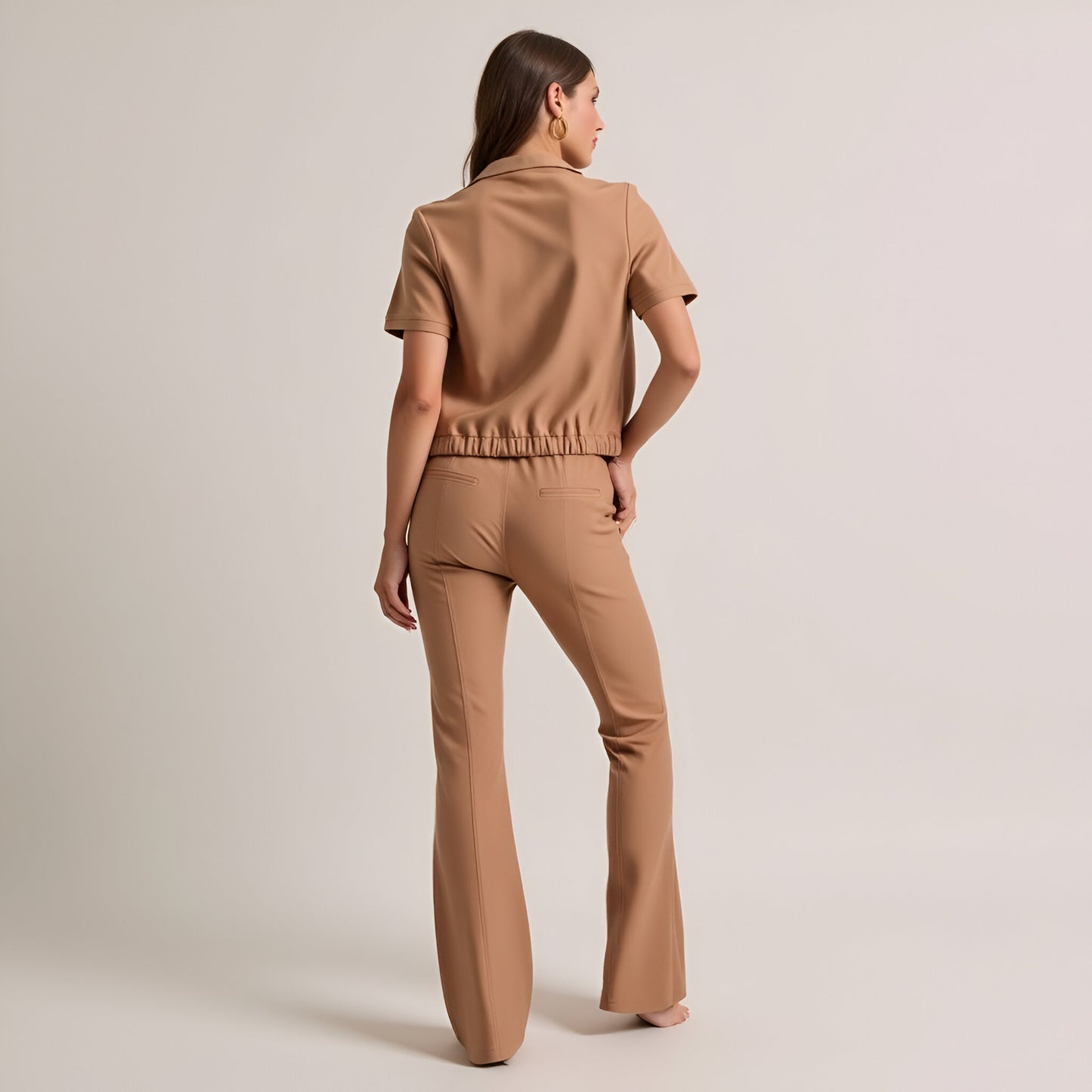Short Sleeve Zip-Up Top and High Waist Flared Pants Set