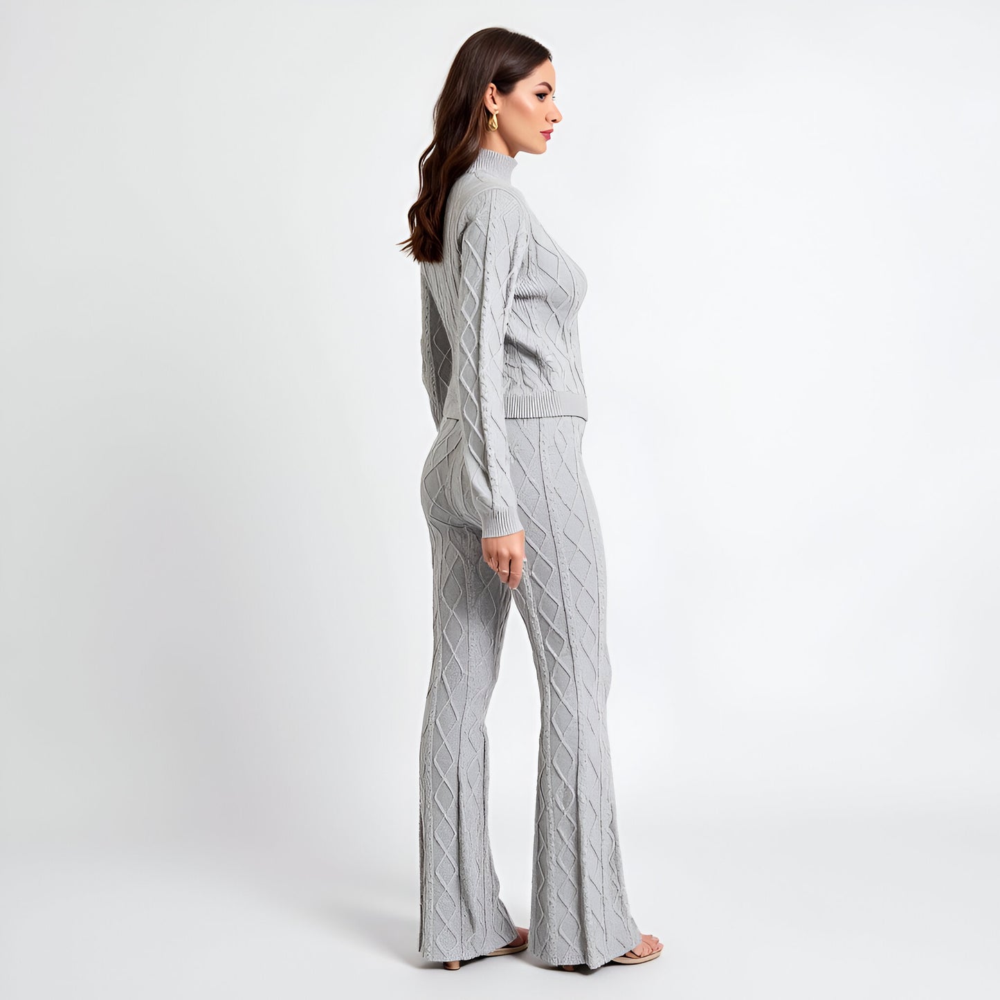 Cable Knit Mock Neck Sweater Set with Fitted Long Sleeve Top and Flare Pants