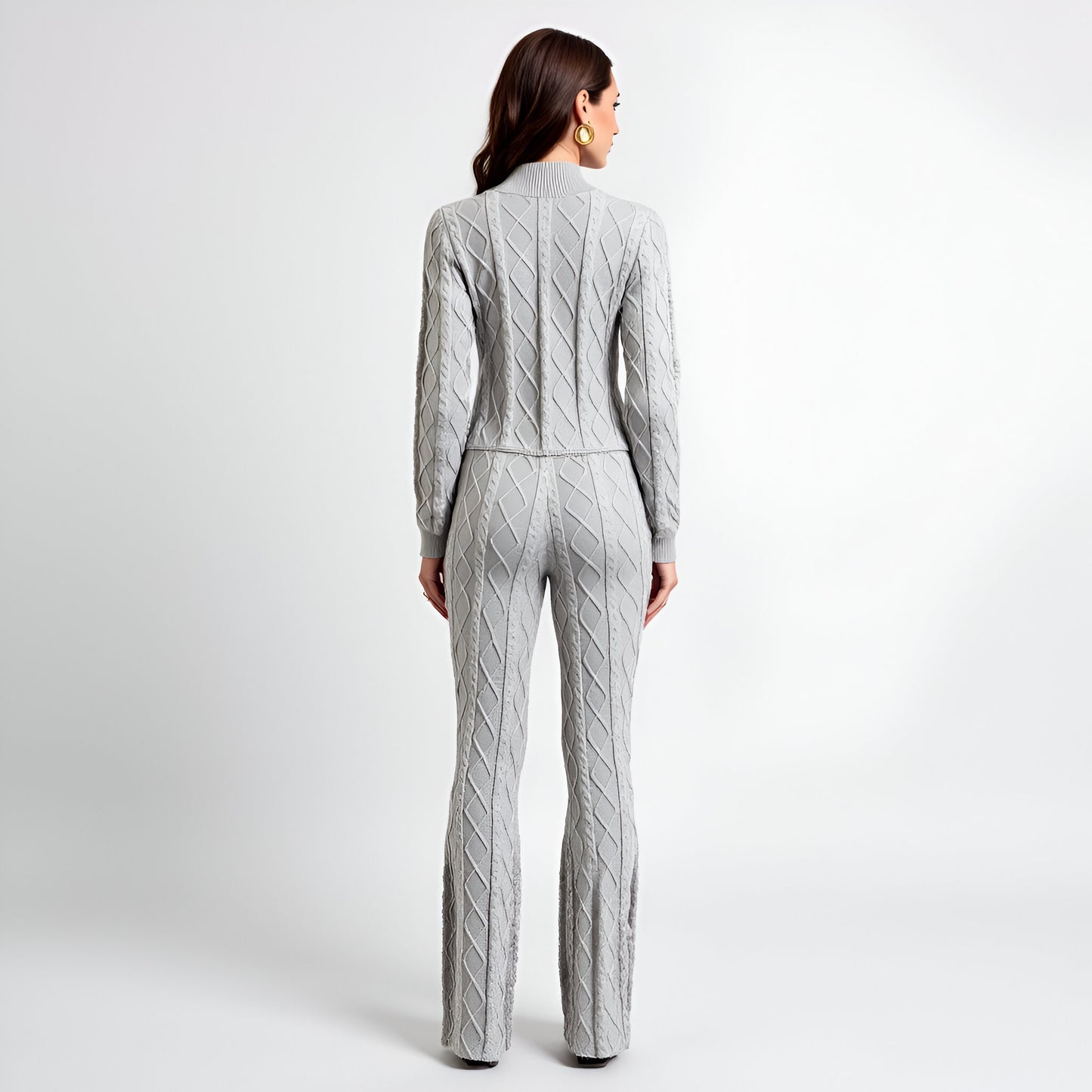 Cable Knit Mock Neck Sweater Set with Fitted Long Sleeve Top and Flare Pants