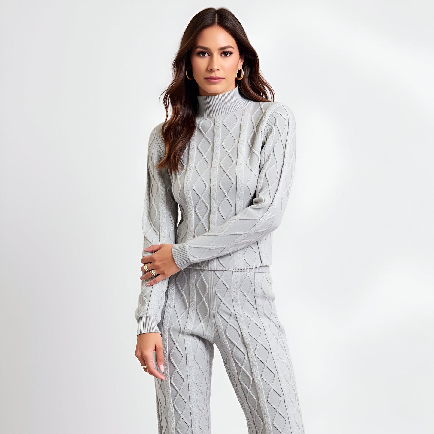 Cable Knit Mock Neck Sweater Set with Fitted Long Sleeve Top and Flare Pants