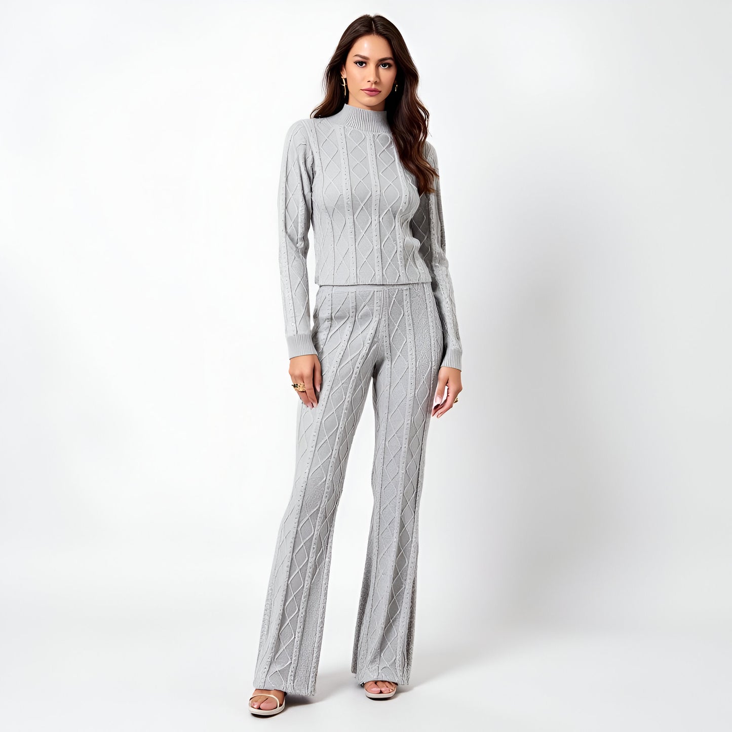 Cable Knit Mock Neck Sweater Set with Fitted Long Sleeve Top and Flare Pants