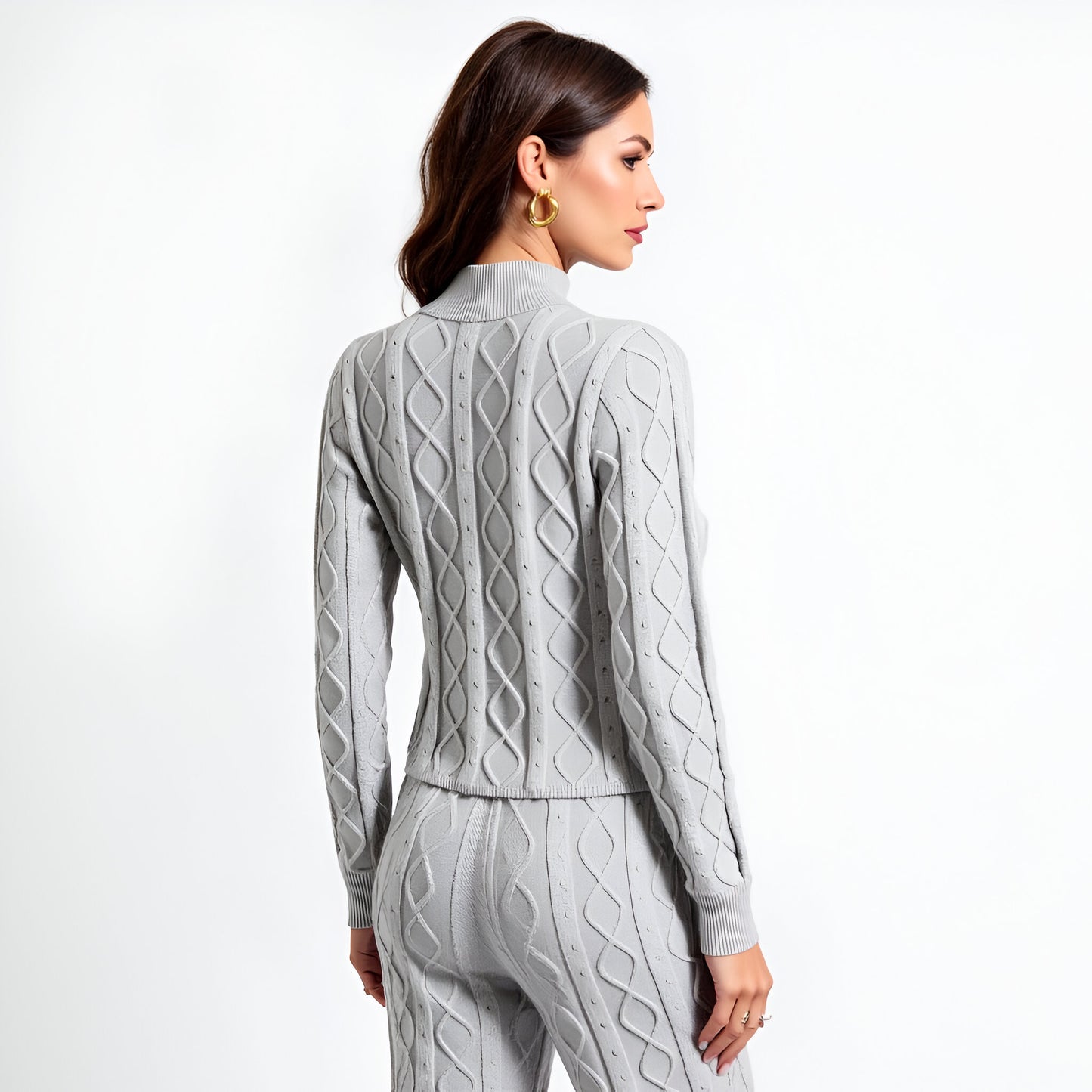 Cable Knit Mock Neck Sweater Set with Fitted Long Sleeve Top and Flare Pants