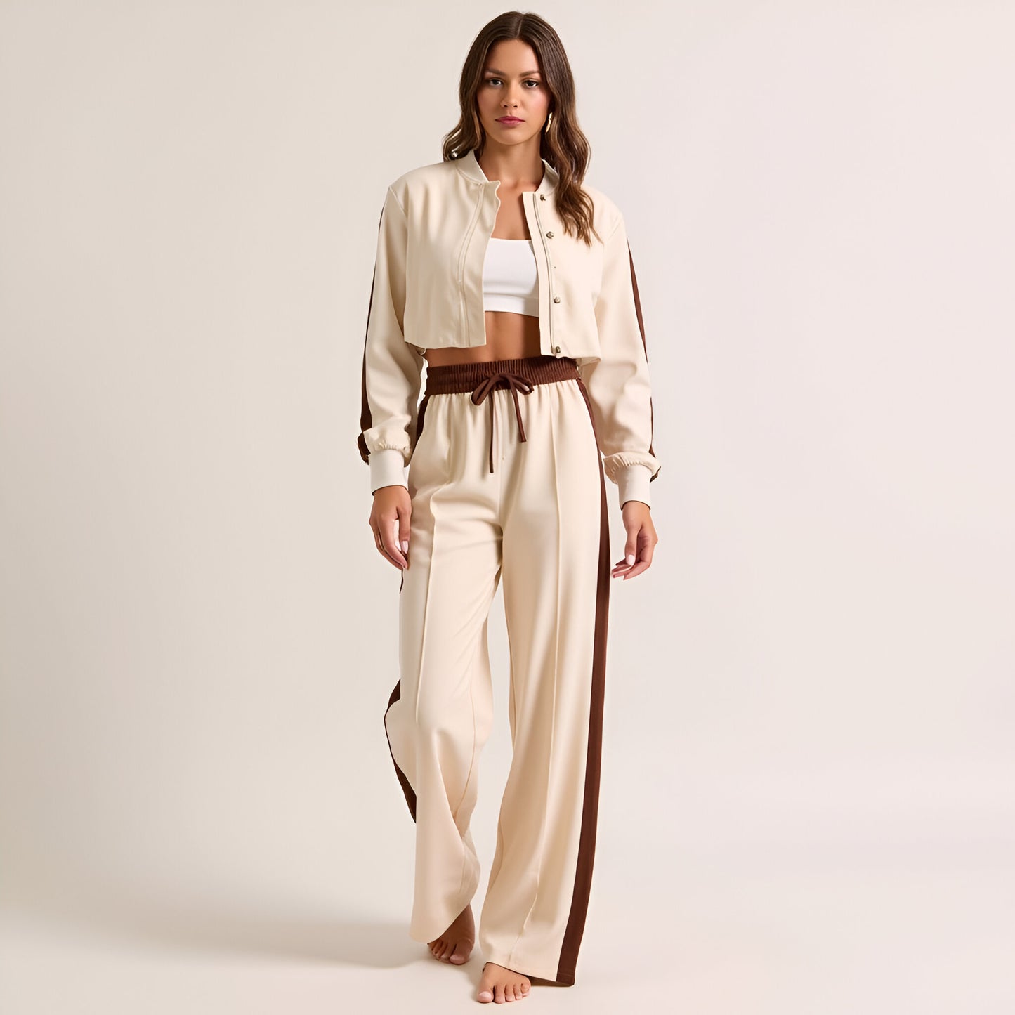 Two-Tone Track Stripe Cropped Jacket and Wide-Leg Pants Set