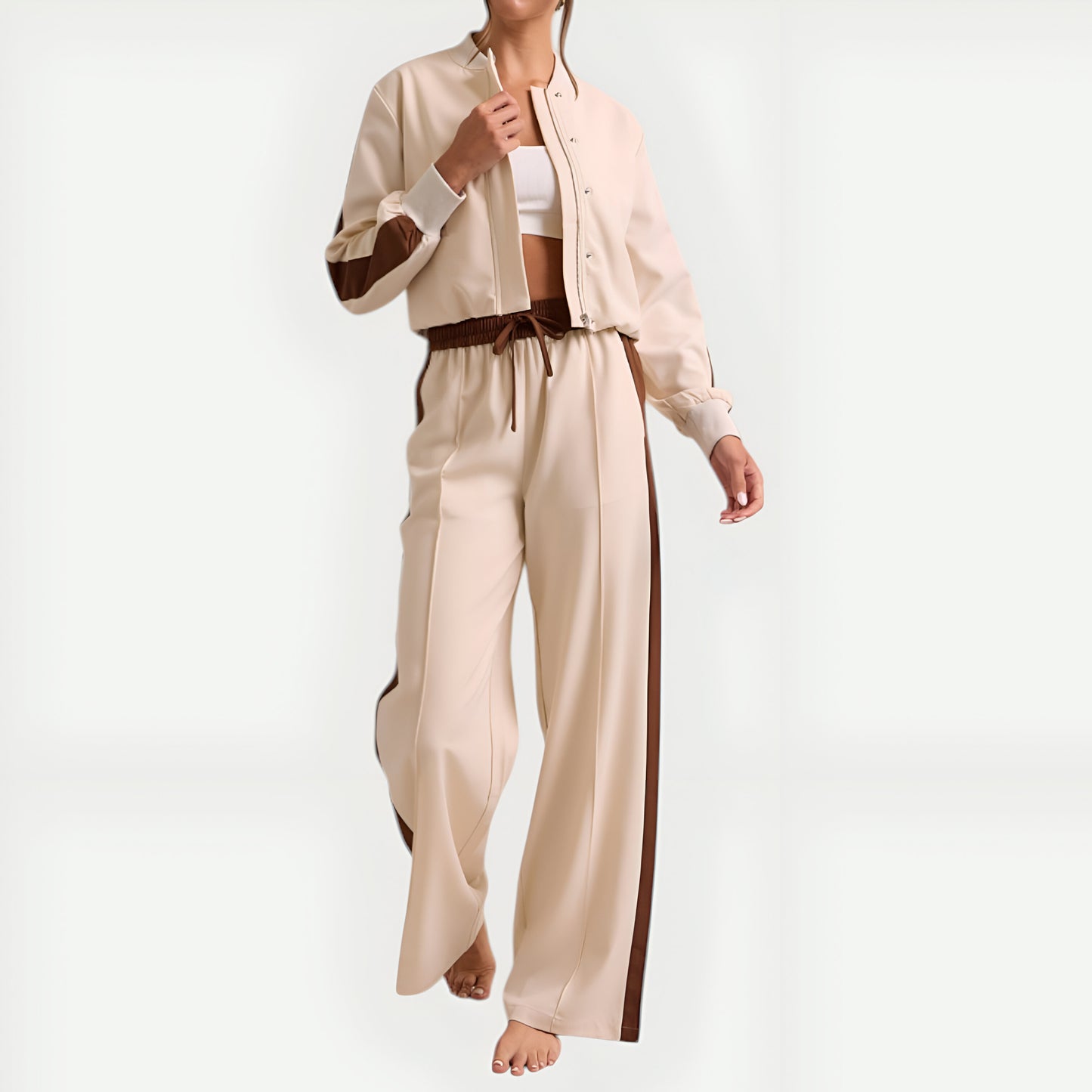 Two-Tone Track Stripe Cropped Jacket and Wide-Leg Pants Set
