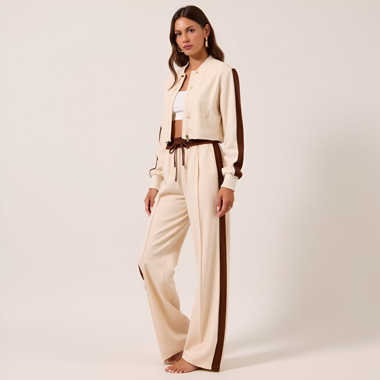Two-Tone Track Stripe Cropped Jacket and Wide-Leg Pants Set