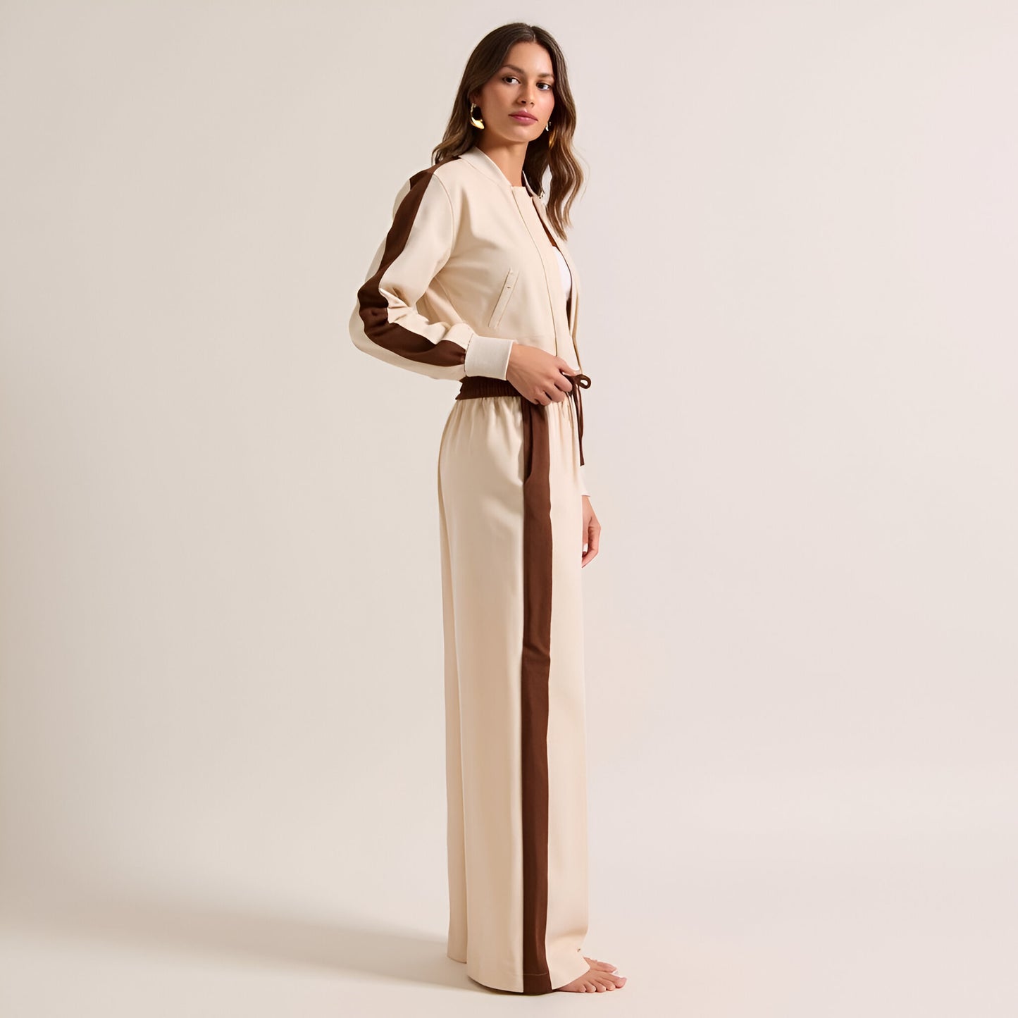 Two-Tone Track Stripe Cropped Jacket and Wide-Leg Pants Set