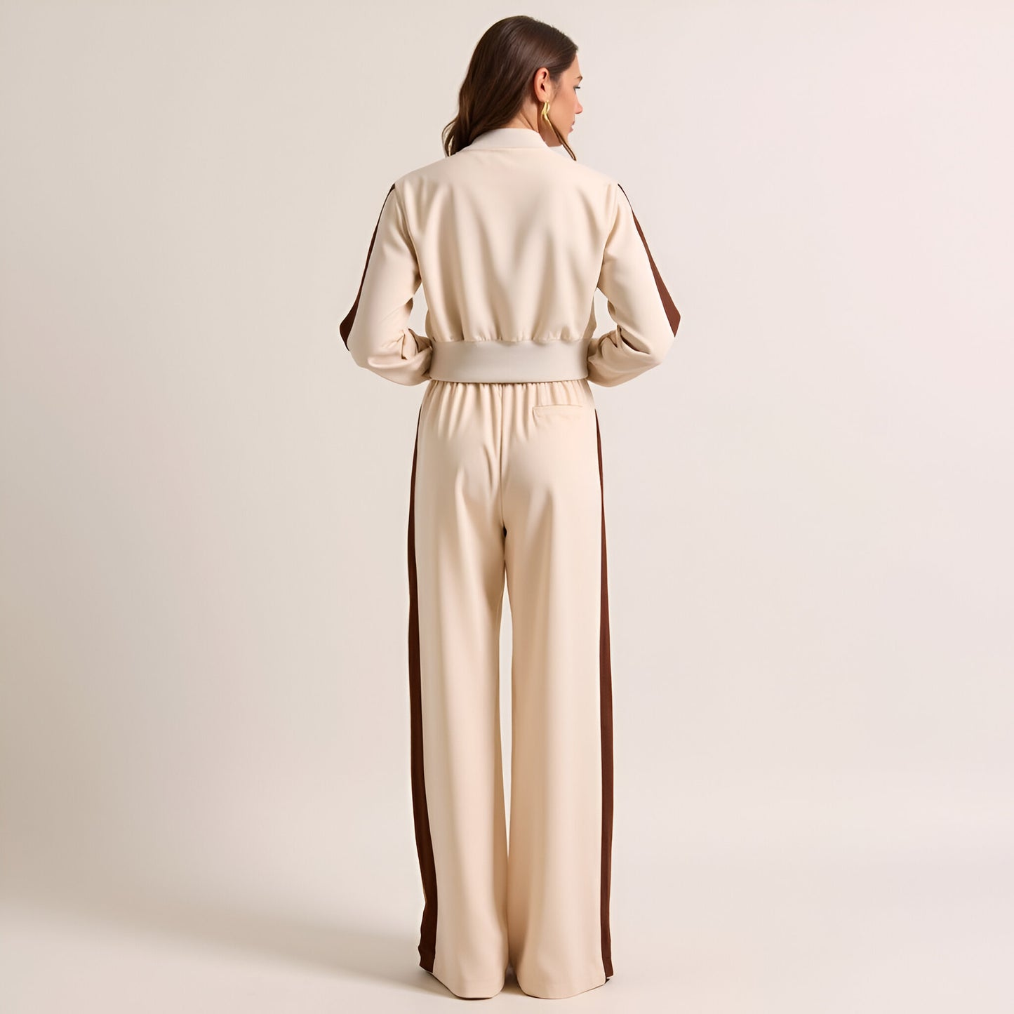 Two-Tone Track Stripe Cropped Jacket and Wide-Leg Pants Set