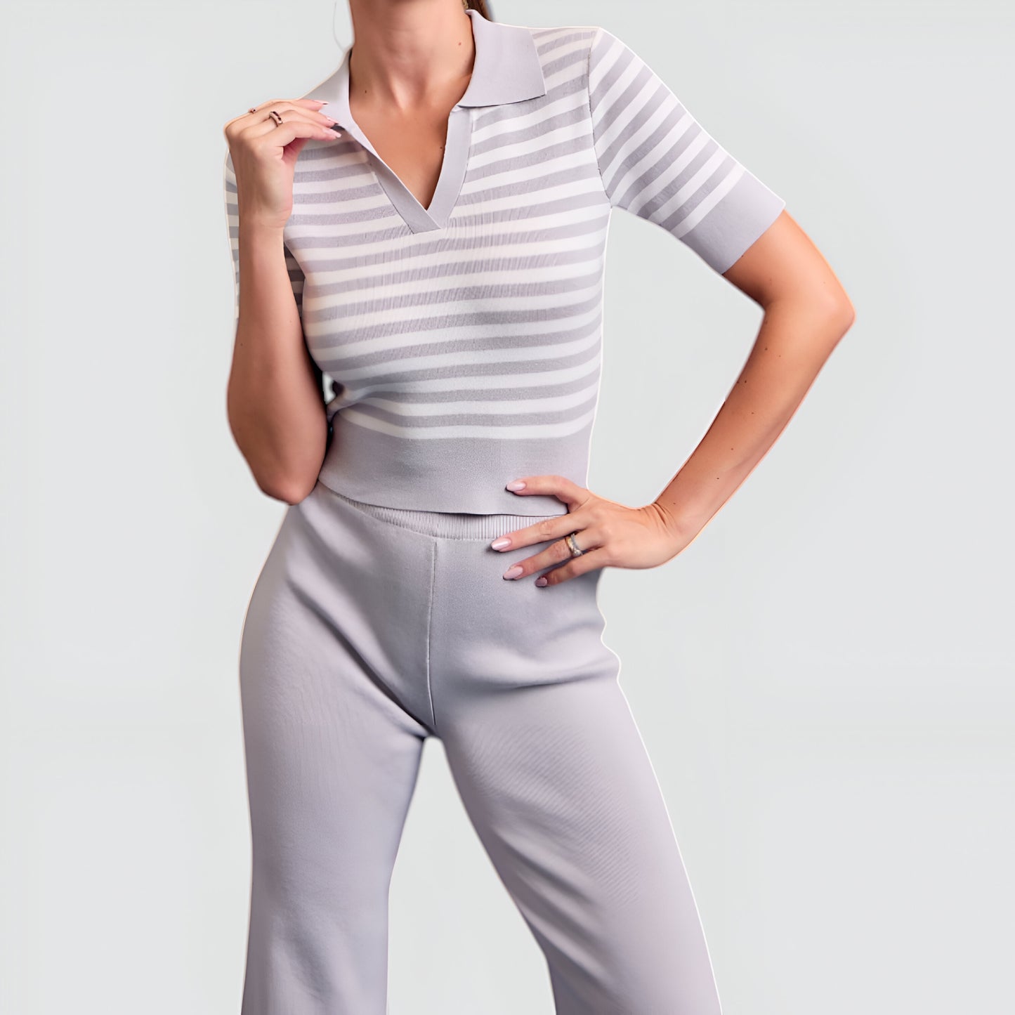 Ribbed Stripe Polo Crop Top & High Waist Wide Leg Knit Pants Set