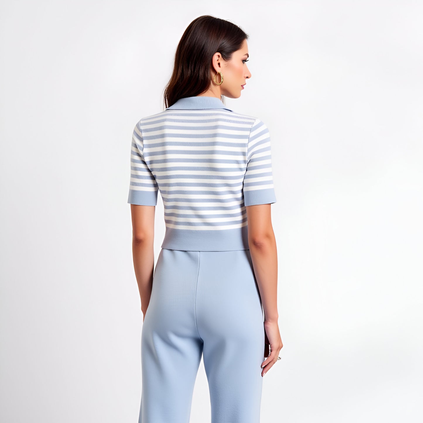 Ribbed Stripe Polo Crop Top & High Waist Wide Leg Knit Pants Set