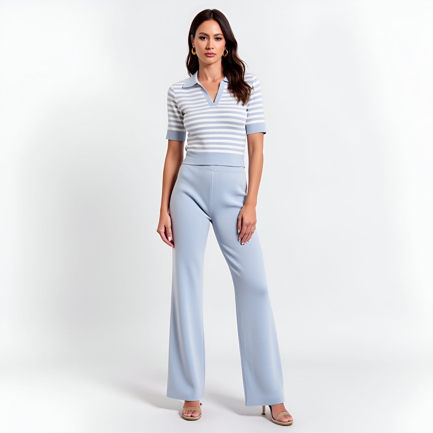 Ribbed Stripe Polo Crop Top & High Waist Wide Leg Knit Pants Set