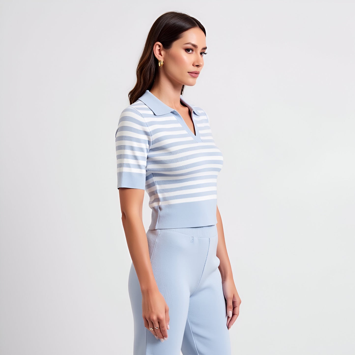 Ribbed Stripe Polo Crop Top & High Waist Wide Leg Knit Pants Set