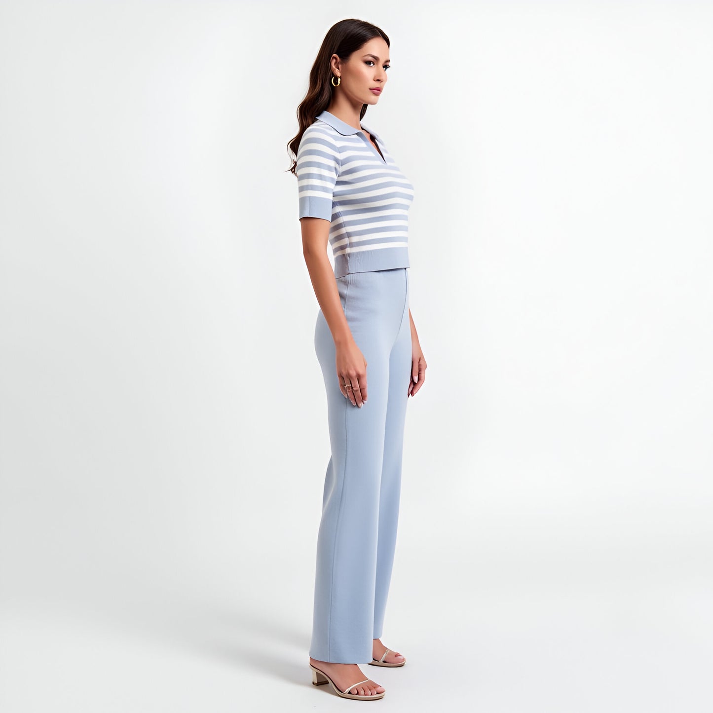 Ribbed Stripe Polo Crop Top & High Waist Wide Leg Knit Pants Set