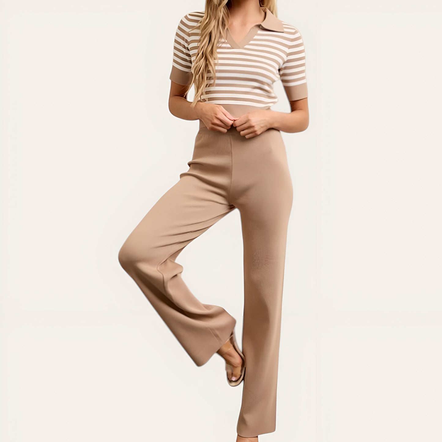 Ribbed Stripe Polo Crop Top & High Waist Wide Leg Knit Pants Set
