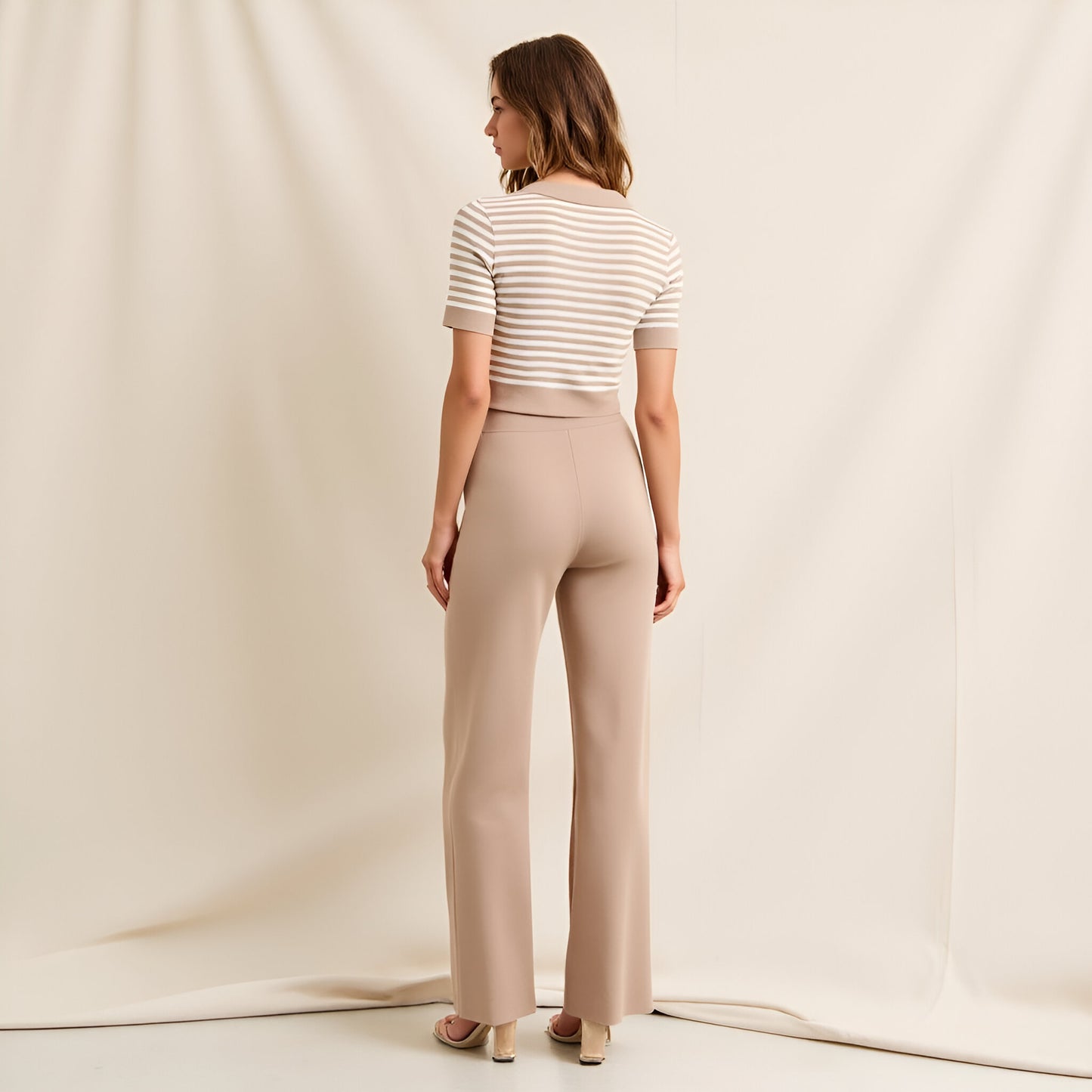 Ribbed Stripe Polo Crop Top & High Waist Wide Leg Knit Pants Set