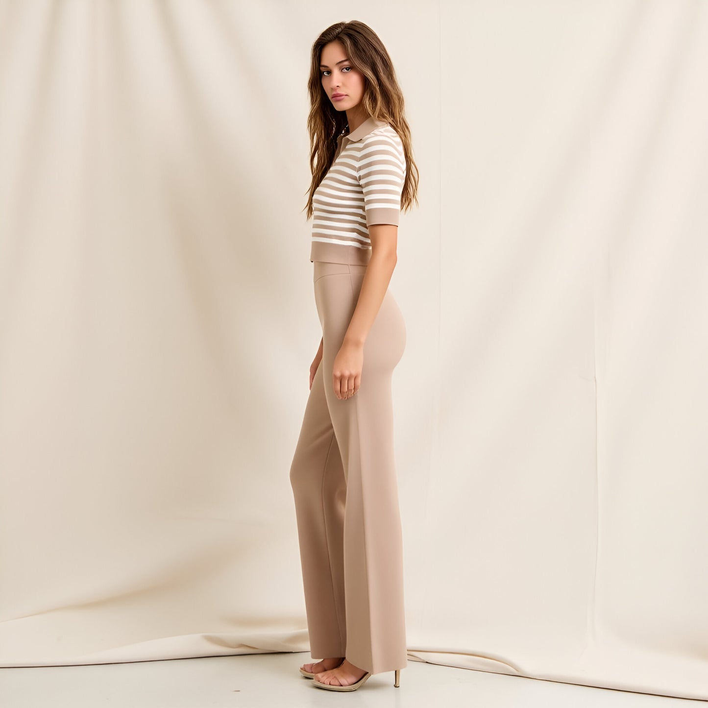 Ribbed Stripe Polo Crop Top & High Waist Wide Leg Knit Pants Set